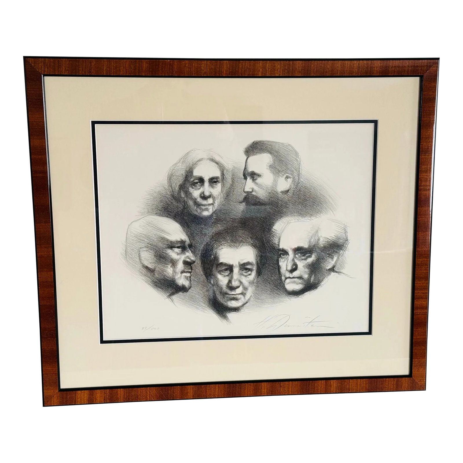 1980s Harvey Dinnerstein Signed Lithograph "Founders of Israel", Framed: Harvey Dinnerstein (1928-2022) Signed Lithograph "Founders of Israel", early 1980s. Signed and numbered in pencil this is 33 of 500. Comes with a mahogany frame and hardware. Beautiful condition,