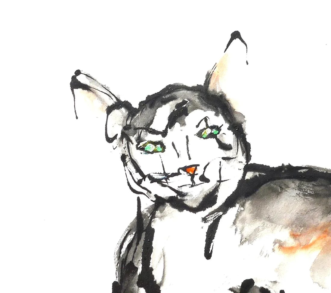 "Pink Ears" Contemporary Ink Drawing by Martha Holden, Framed - 3