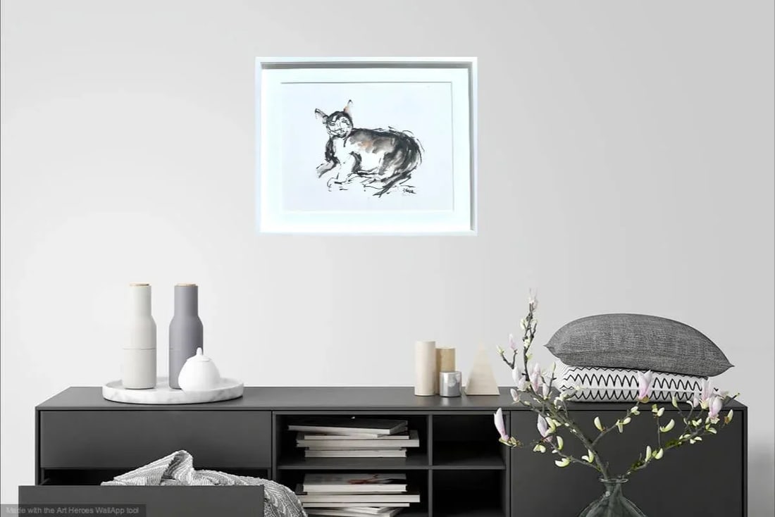 "Pink Ears" Contemporary Ink Drawing by Martha Holden, Framed - 4