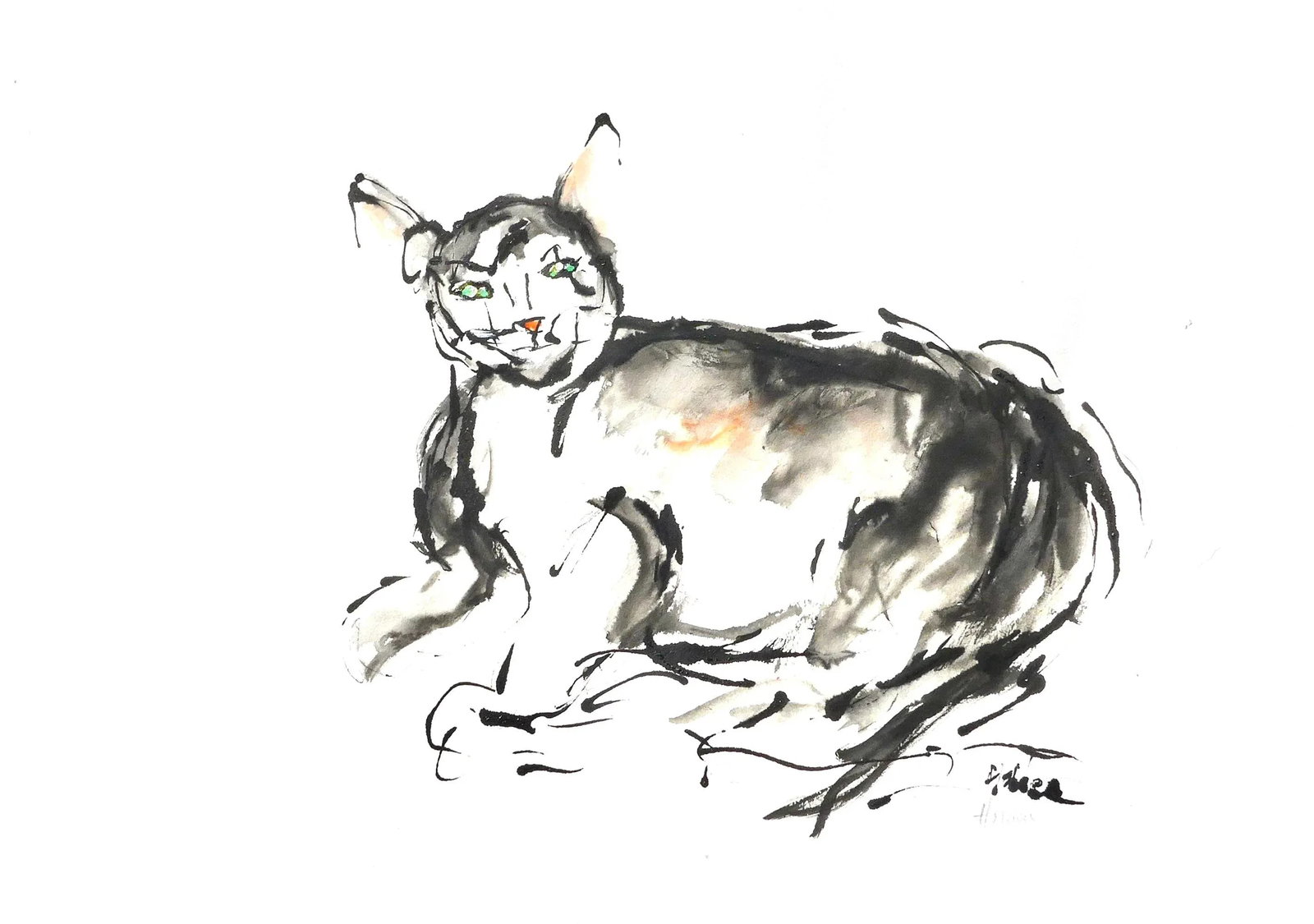 "Pink Ears" Contemporary Ink Drawing by Martha Holden, Framed - 5