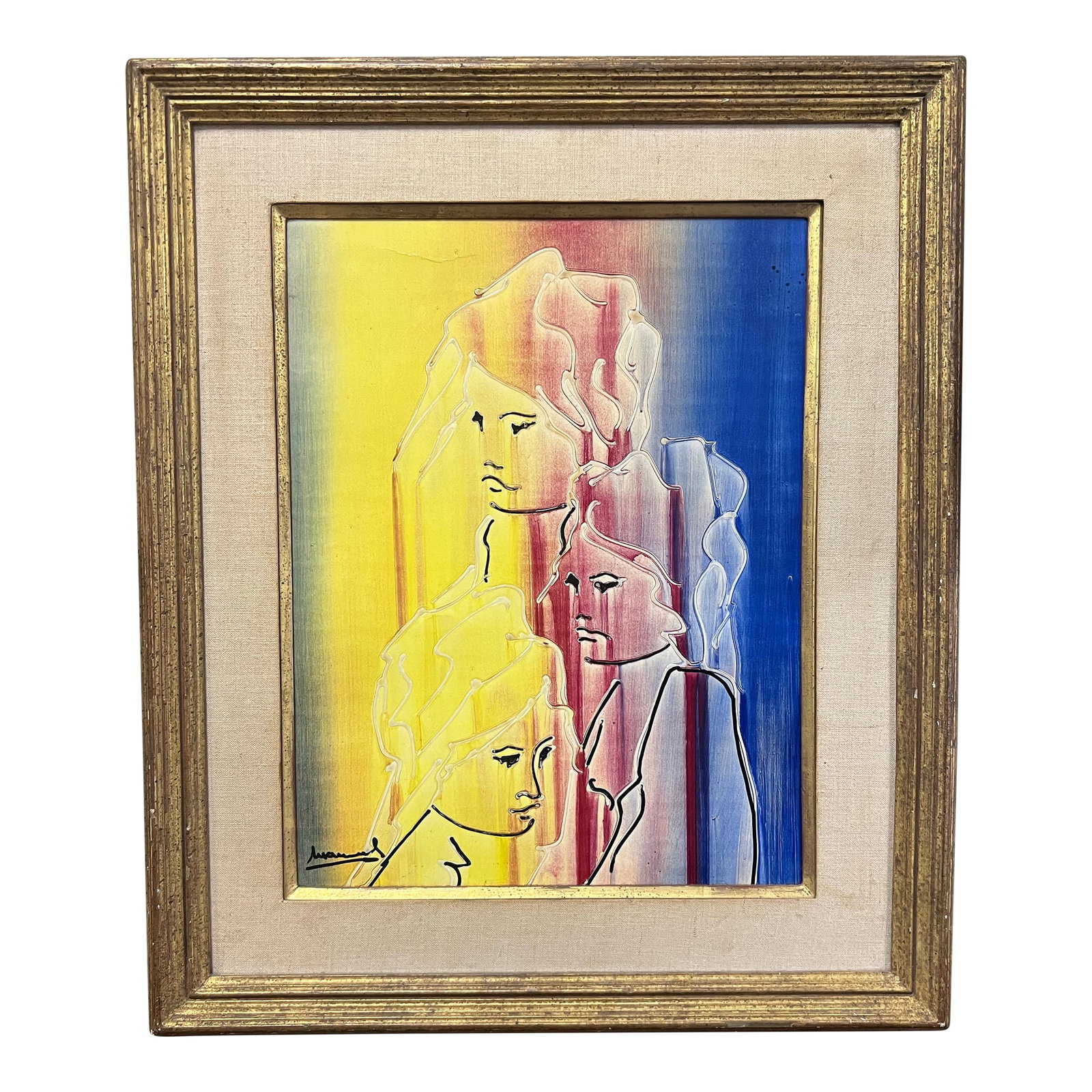 1970s Abstract Portrait Acrylic on Board Painting Signed Manuel.: 1970s Abstract Portrait Acrylic on Board Painting Signed Manuel A great use of primary colors blending seamlessly in this triple portrait. Lots of depth and textured. After Manuel Neri. Welcome to