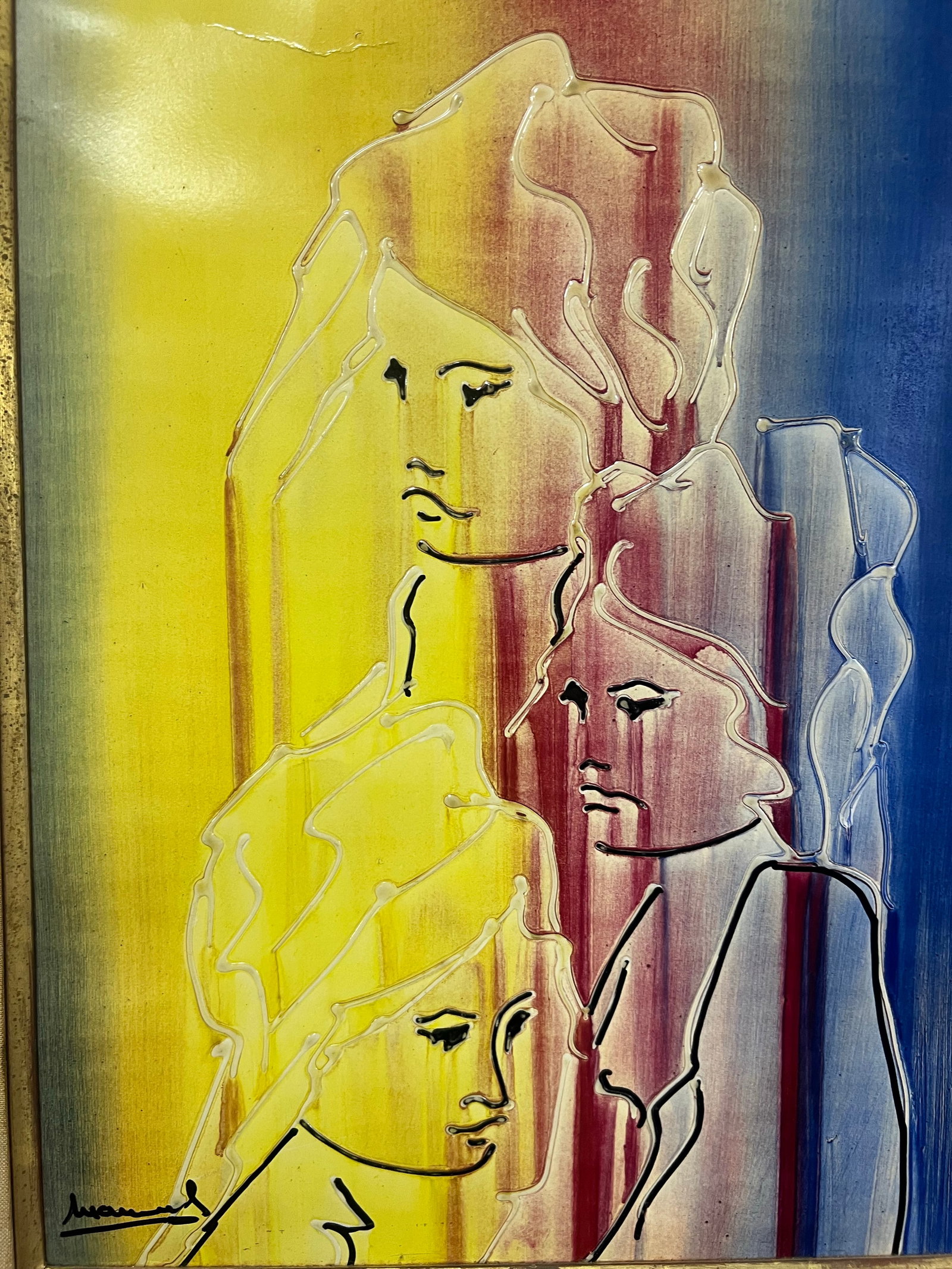 1970s Abstract Portrait Acrylic on Board Painting Signed Manuel. - 3