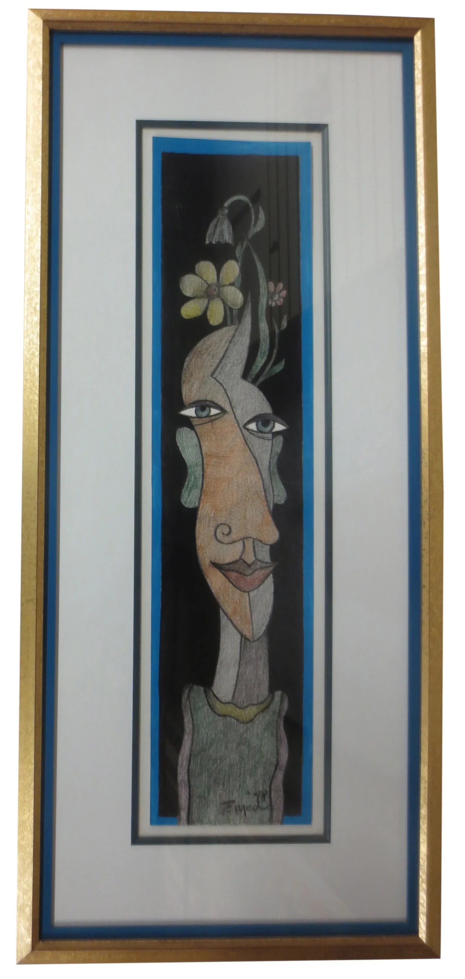Abstract Portrait Drawing, Signed "Temed '98": Abstract Portrait, Signed "Temed '98". Color pencil on paper. Condition: Alterations: Original Condition Unaltered Imperfections: Some Imperfections Condition Notes: Minor wear consistent with age and