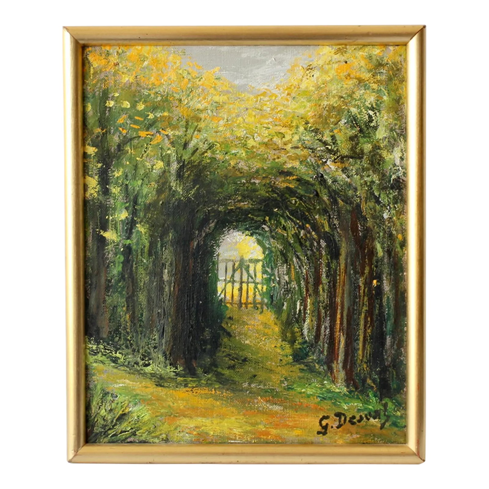 1960s Enchanting French Garden Painting: Step into a secret garden you don't need a password for! This 1960s French painting invites you down a sun-speckled garden path, framed by leafy archways and bathed in dreamy greens, golds, and