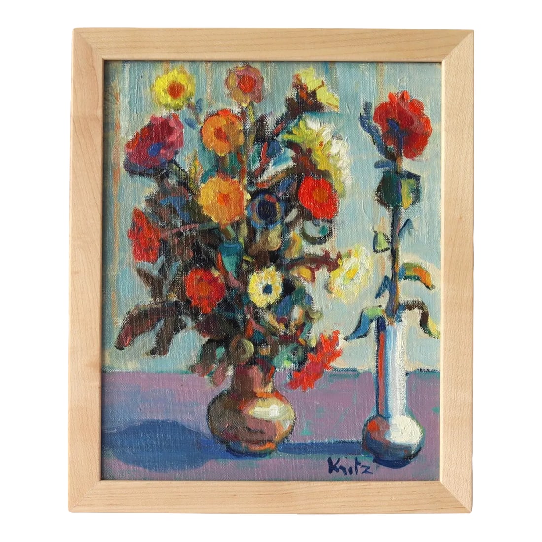 Midcentury Small French Floral Still Life Painting: Tiny in size, big on charm. This small but mighty French still-life pops with joyful brushwork and saturated color, featuring two bold floral arrangements against a moody blue background. Painted in