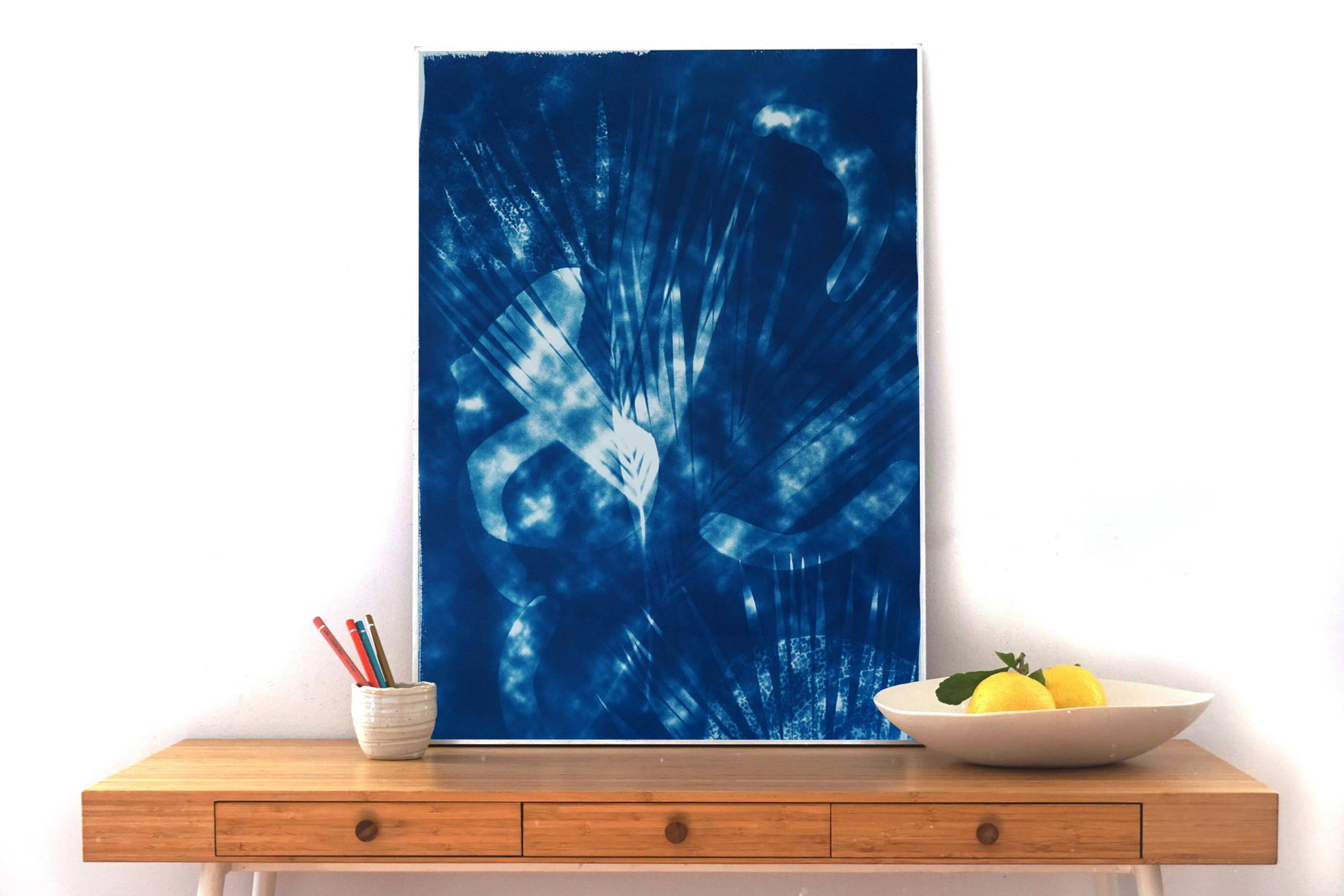 Botanical Cyanotype With Abstract Cloudy Shades,Photogram Made on Watercolor Paper, Deep Range of Bl - 2