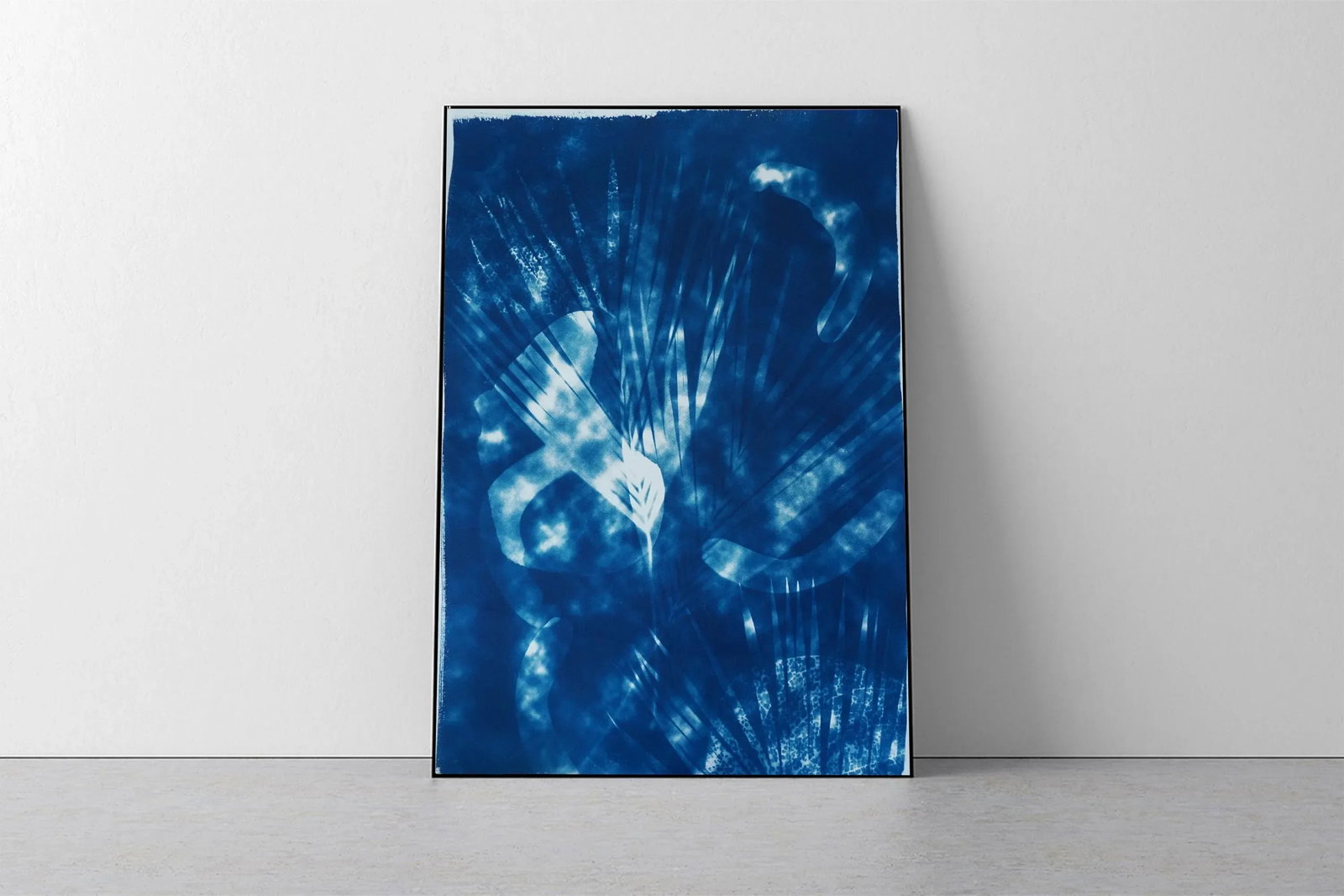 Botanical Cyanotype With Abstract Cloudy Shades,Photogram Made on Watercolor Paper, Deep Range of Bl - 3