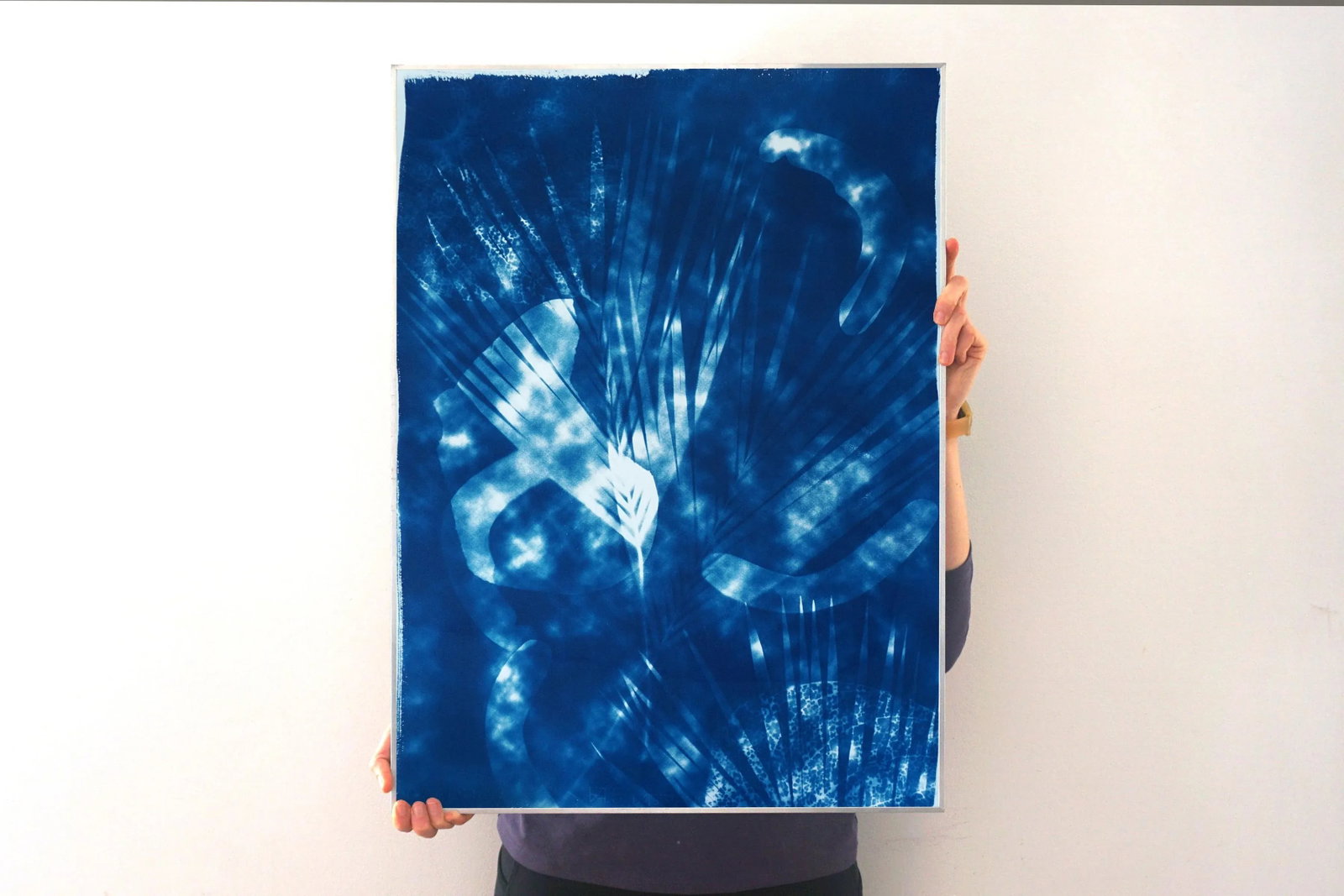 Botanical Cyanotype With Abstract Cloudy Shades,Photogram Made on Watercolor Paper, Deep Range of Bl - 5