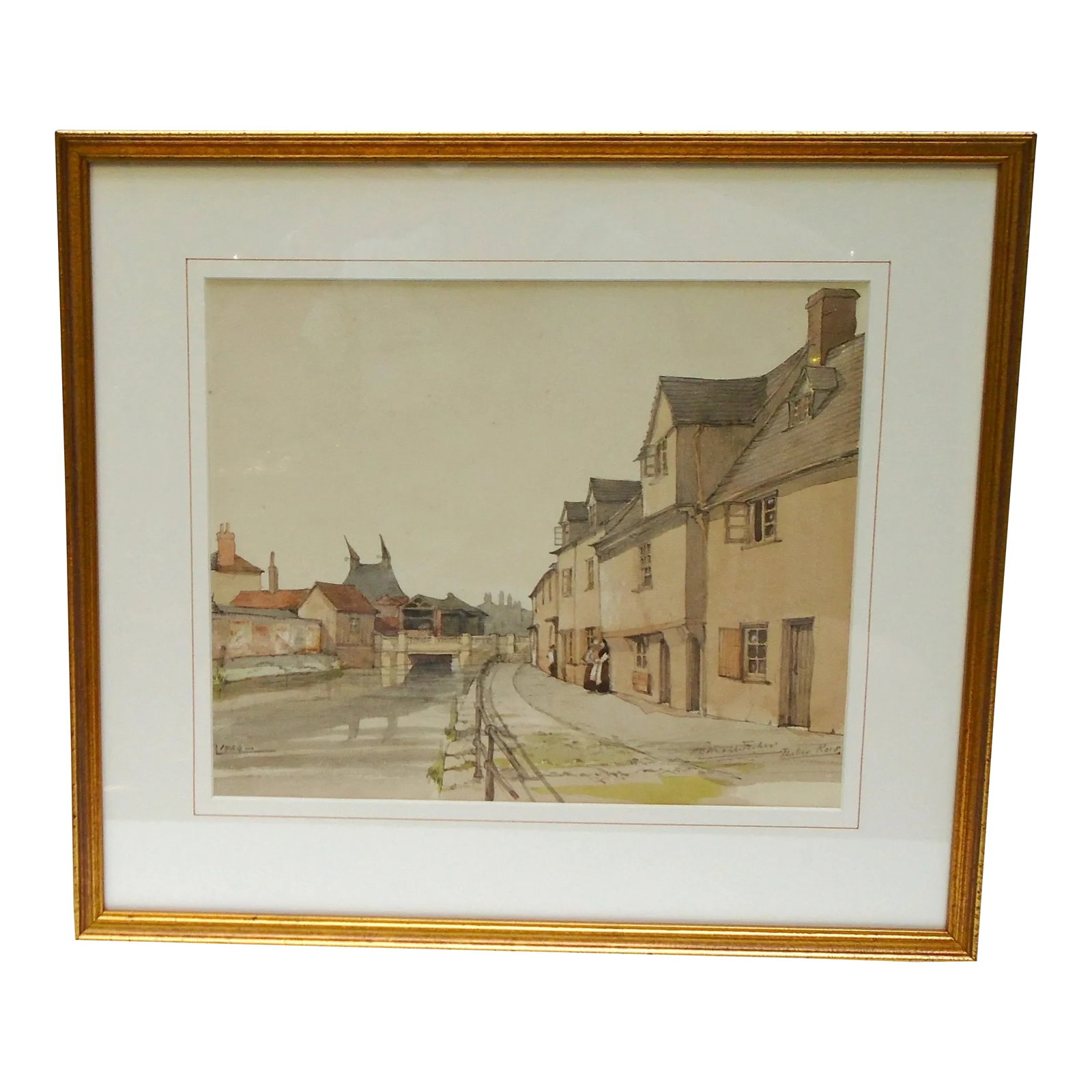 "Fisher Row, Oxford, England - 1924", Original Watercolor Painting, Framed: An original watercolor on paper painting by Arthur Bedford Knapp-Fisher, British artist born 1888, "Fisher Row, Oxford - 1924" scene of the street alongside a canal, houses to either side of the