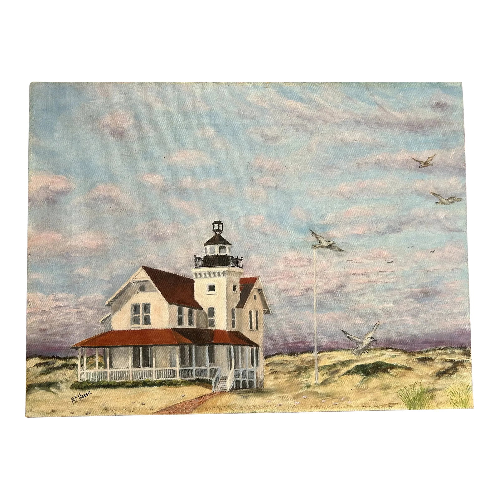 Vintage Oil Painting on Canvas of a New Jersey Shore Lighthouse 16 X 20": Estate find from an old New Jersey estate. Vintage oil painting of a lighthouse in New Jersey. Not framed, signed to the lower left corner. Painting measures 12" x 16". Condition: Alterations: