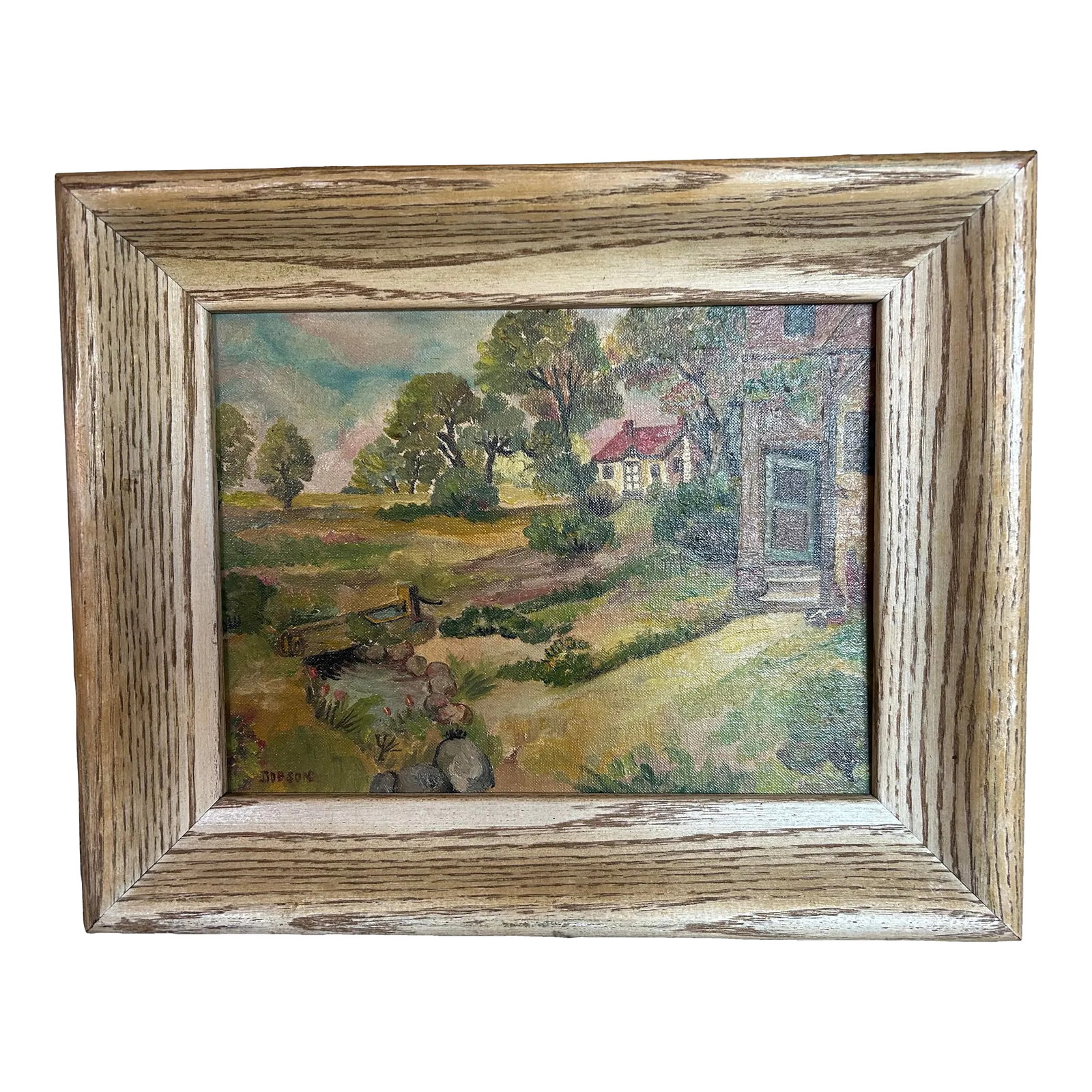 Vintage 1930's Rustic Impressionist Landscape Oil Painting in Original Wood Frame. (1 of 6)