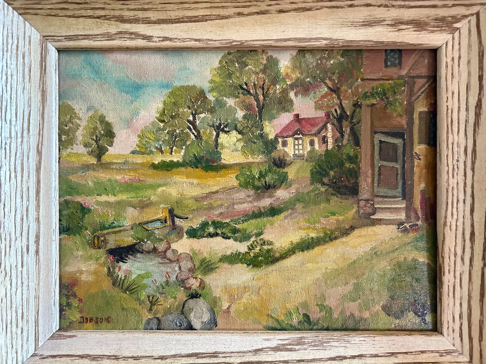 Vintage 1930's Rustic Impressionist Landscape Oil Painting in Original Wood Frame. - 2
