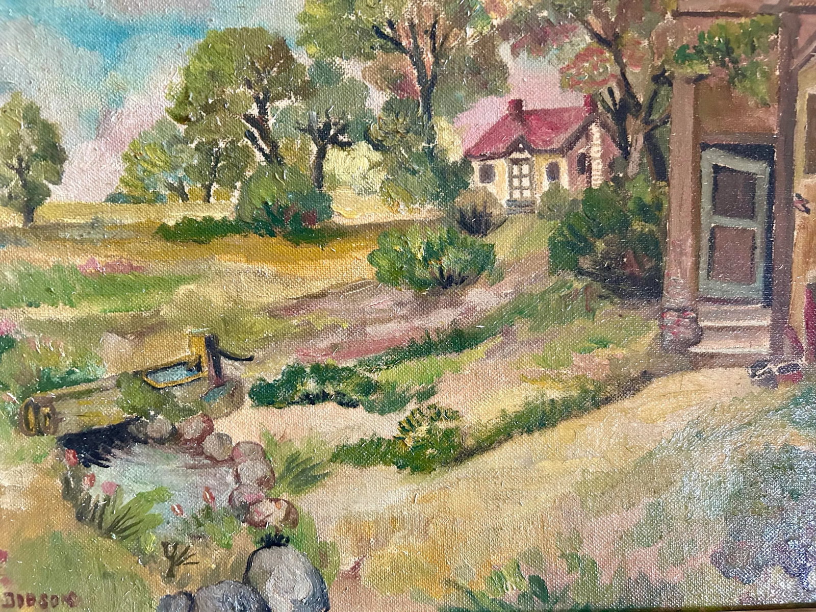 Vintage 1930's Rustic Impressionist Landscape Oil Painting in Original Wood Frame. - 5