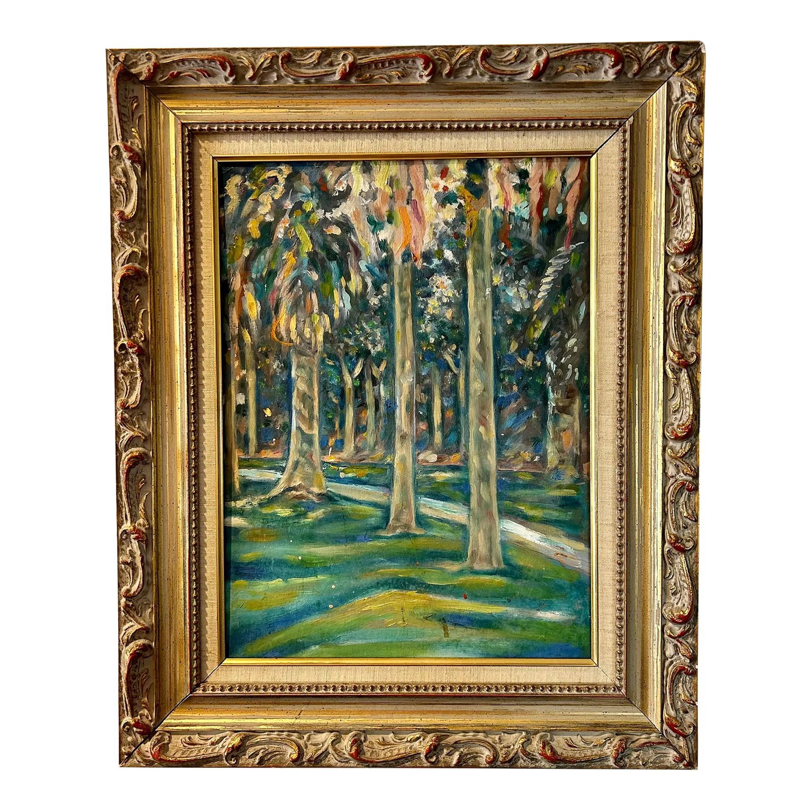 Late 20th Century Original Hollywood Regency Post Impressionist Painting a Walk in the Park, Oil on: A walk in the park, literally! This dreamy original oil painting on wood is an Impressionist view of a path through a grove of trees. Framed in ornately carved wood with a gilded finish, the painting