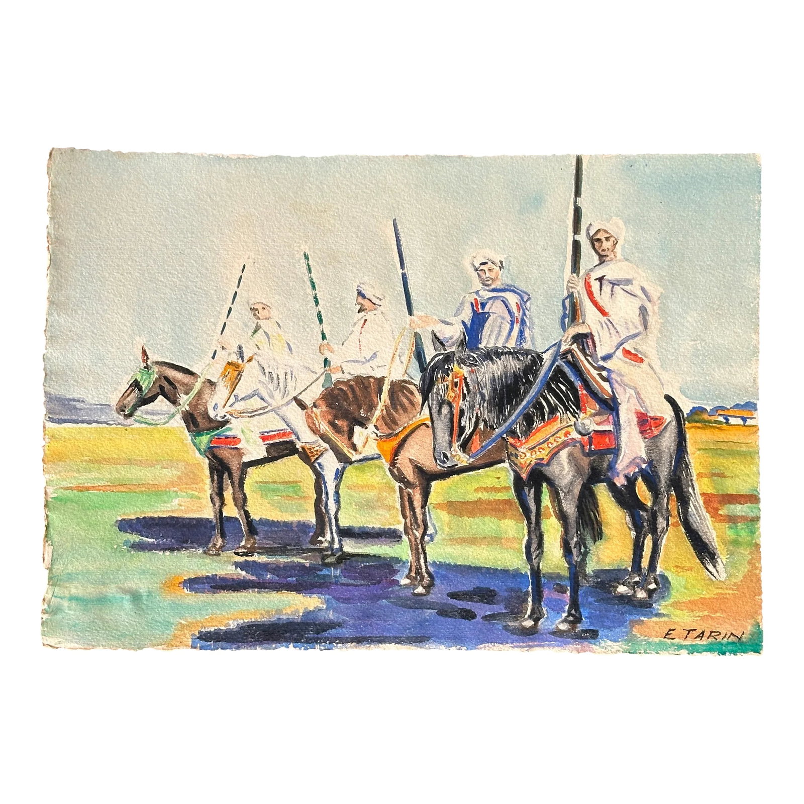 Mid 20th Century Signed Original Watercolor of Horse Riders: Beautiful vibrant original watercolor depicting four horse riders, potentially Moroccan. Watercolor on paper, signed on bottom right corner "E Tarin". Condition: Alterations: Original Condition Unalte