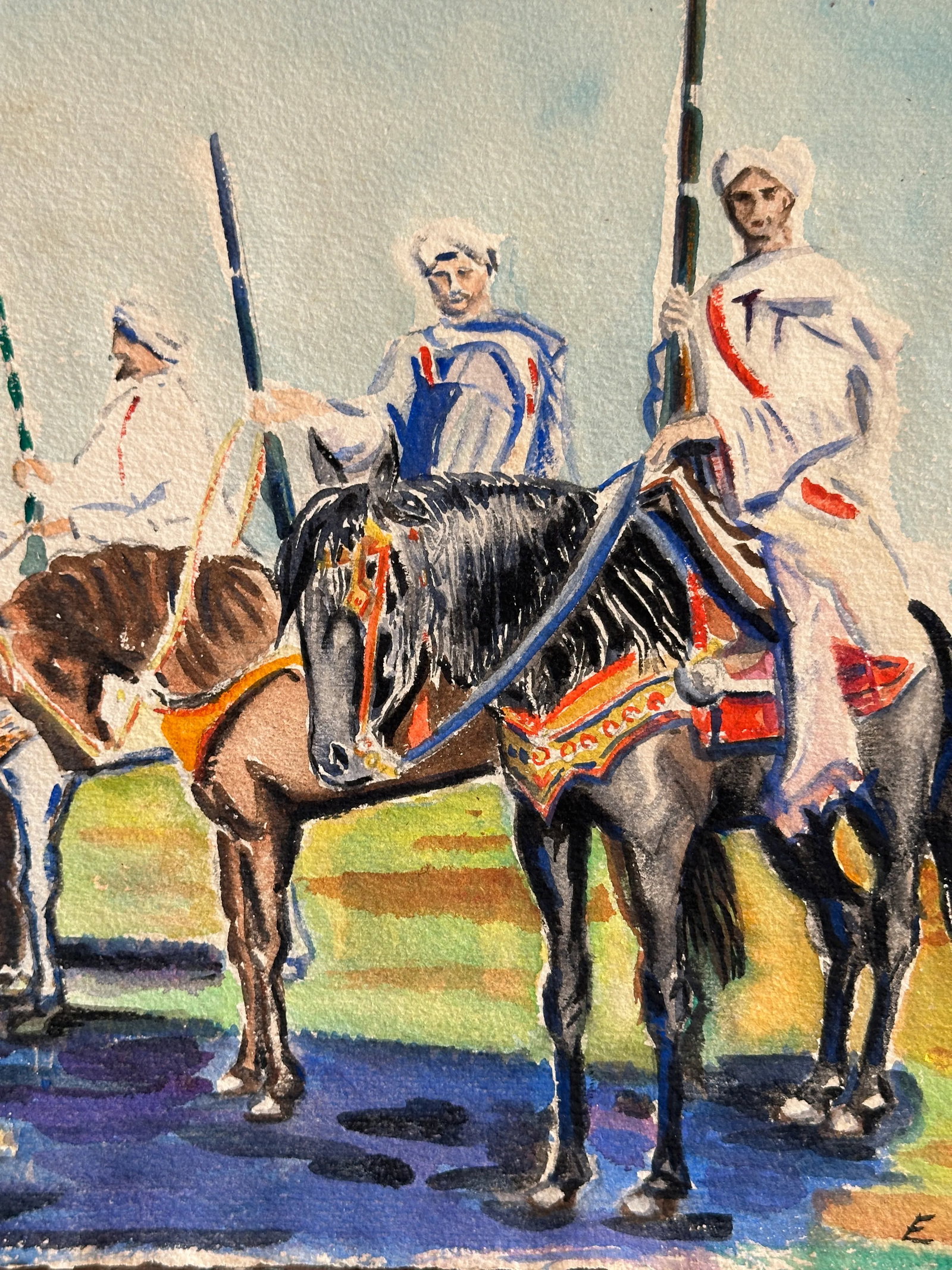 Mid 20th Century Signed Original Watercolor of Horse Riders - 2