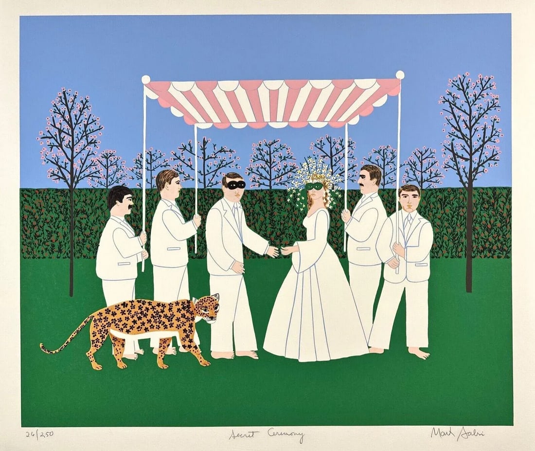 1980s Mark Sabin Secret Ceremony Wedding Ceremony Hand Signed Numbered Screenprint: Artist: Mark Sabin Title: Secret Ceremony Medium: Screenprint Signed: Hand Signed Edition: Edition of 250 Measurements: 32" x 26" Condition: Excellent. This piece has been stored in a smoke free