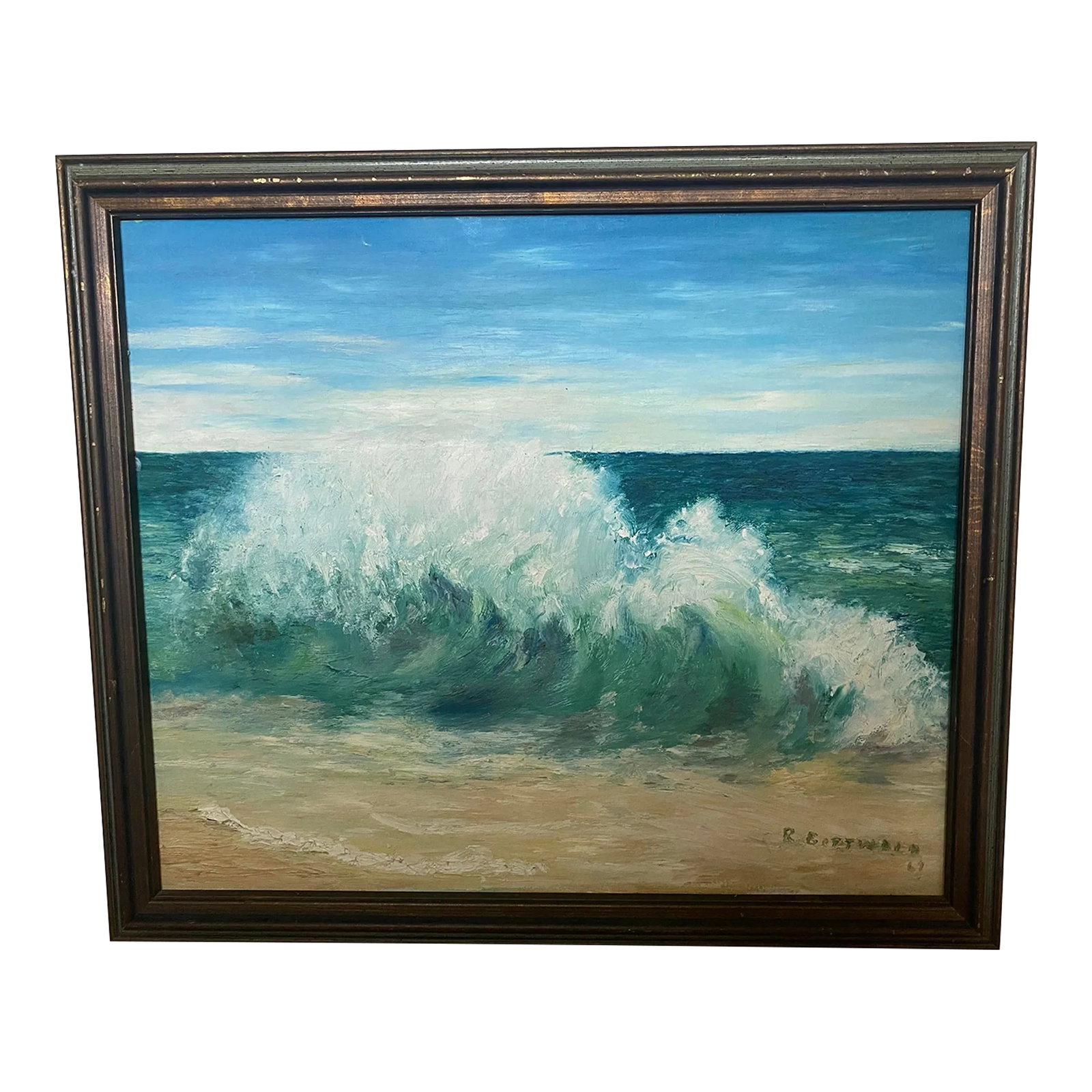 Ocean Waves Crashing Landscape Acrylic Painting Signed R. Gottwald 1969, Framed: Fantastic coastal Ocean Waves Crashing Landscape Acrylic Painting Signed R. Gottwald 1969. This piece has a beautiful blend of blue and green waves, clear skies, and sand painted on a canvas panel