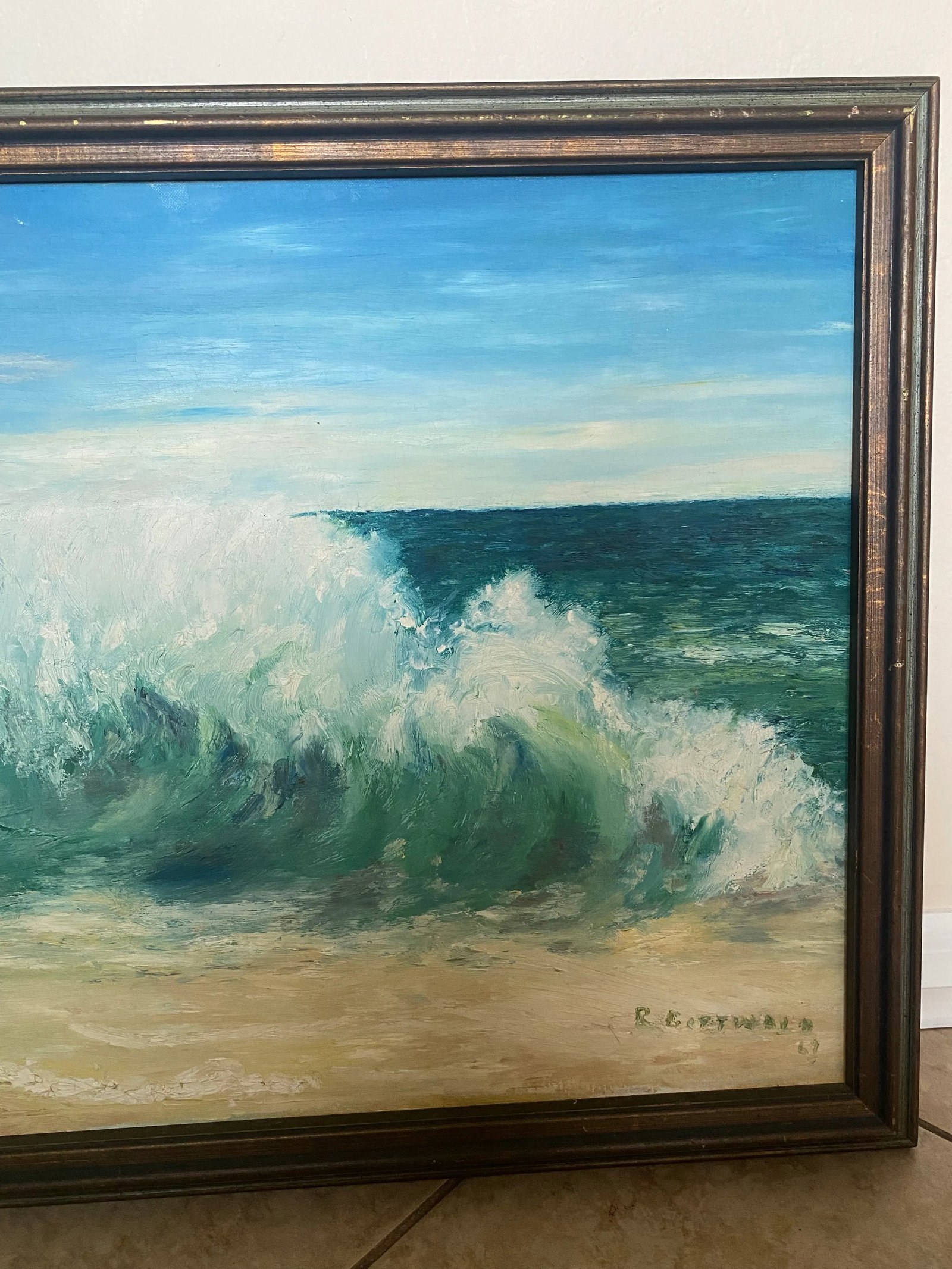 Ocean Waves Crashing Landscape Acrylic Painting Signed R. Gottwald 1969, Framed - 2