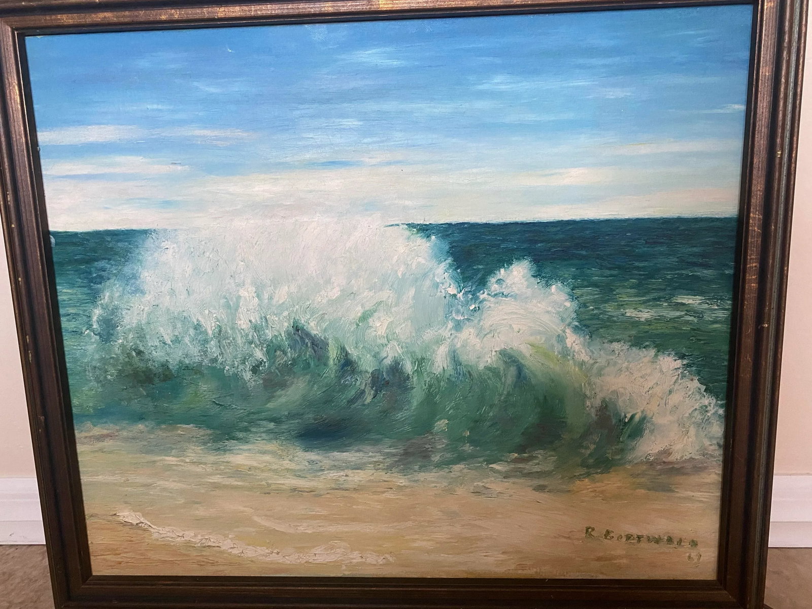 Ocean Waves Crashing Landscape Acrylic Painting Signed R. Gottwald 1969, Framed - 8