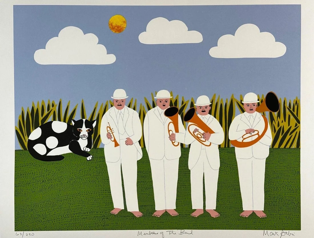 1980s Mark Sabin Members of the Band Hand Signed & Numbered Art: Artist: Mark Sabin Title: Members of The Band Medium: Screenprint Signed: Hand Signed Year: 1980 Edition: From the edition of 250 Measurements: 32" x 26" Frame: This piece is sold UNFRAMED Condition:
