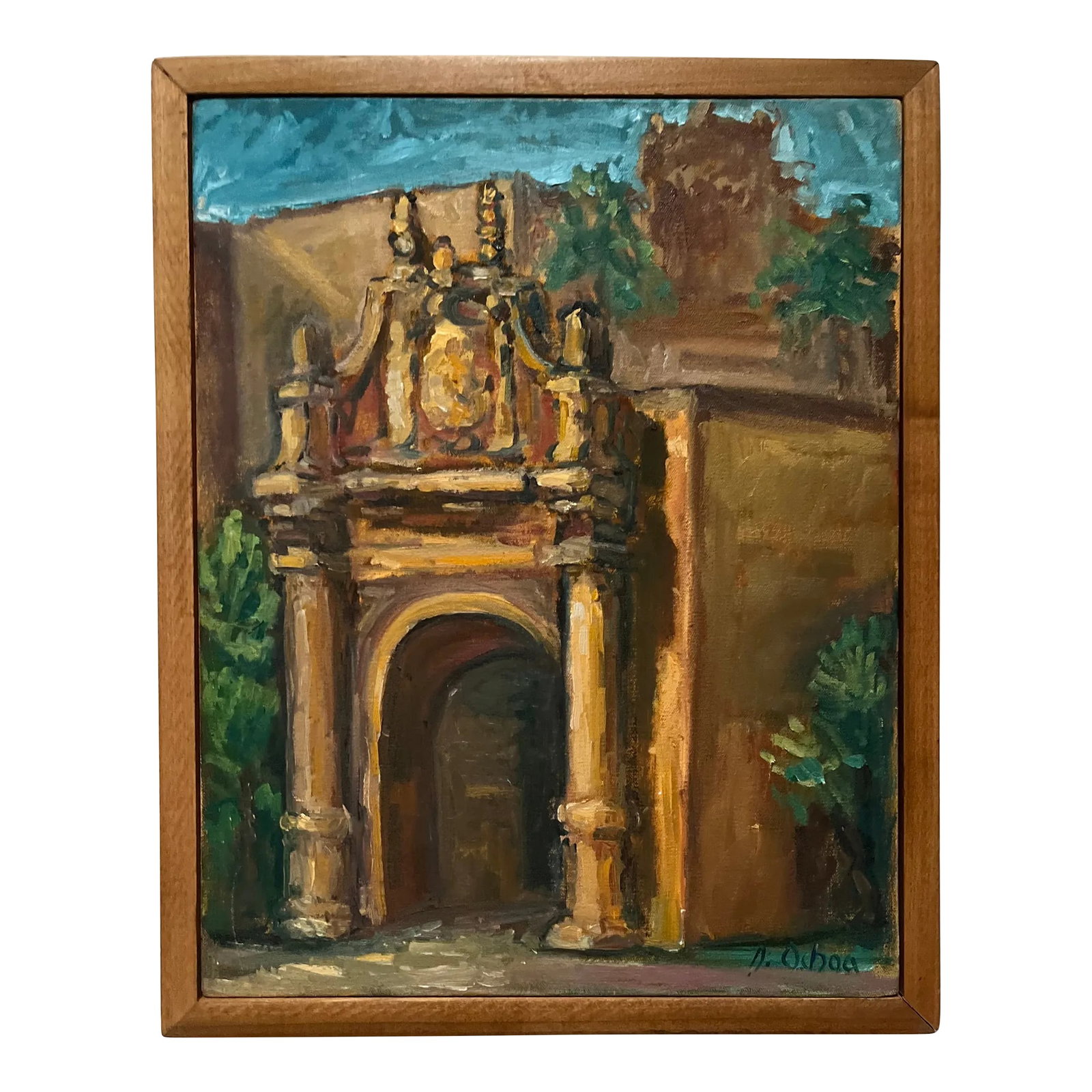 Late Twentieth Century Original California Landscape Oil on Canvas, Signed by Artist, Framed: This striking California Chic original oil painting on canvas shows the arched entry to an ornate Spanish Revival building by artist D. Ochoa. Framed in a simple wood frame and ready to hang SPANISH