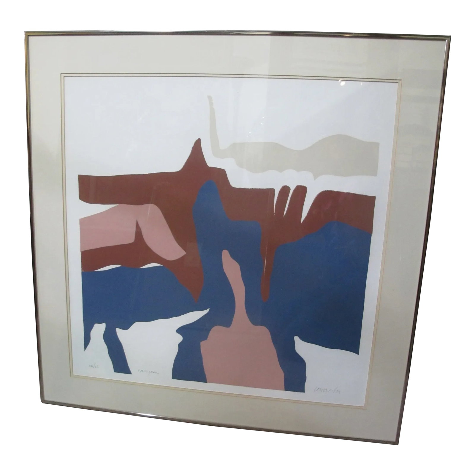 Abstract Mid Century Modern Signed Limited Edition Landscape Canyons Print: Framed abstract 'Canyons' print. Limited edition 13/25, title, signature (artist unknown), and dated 1/79 in pencil at lower base. Frame measures 30 1/4" x 30 1/4", print measures 24" x 24".