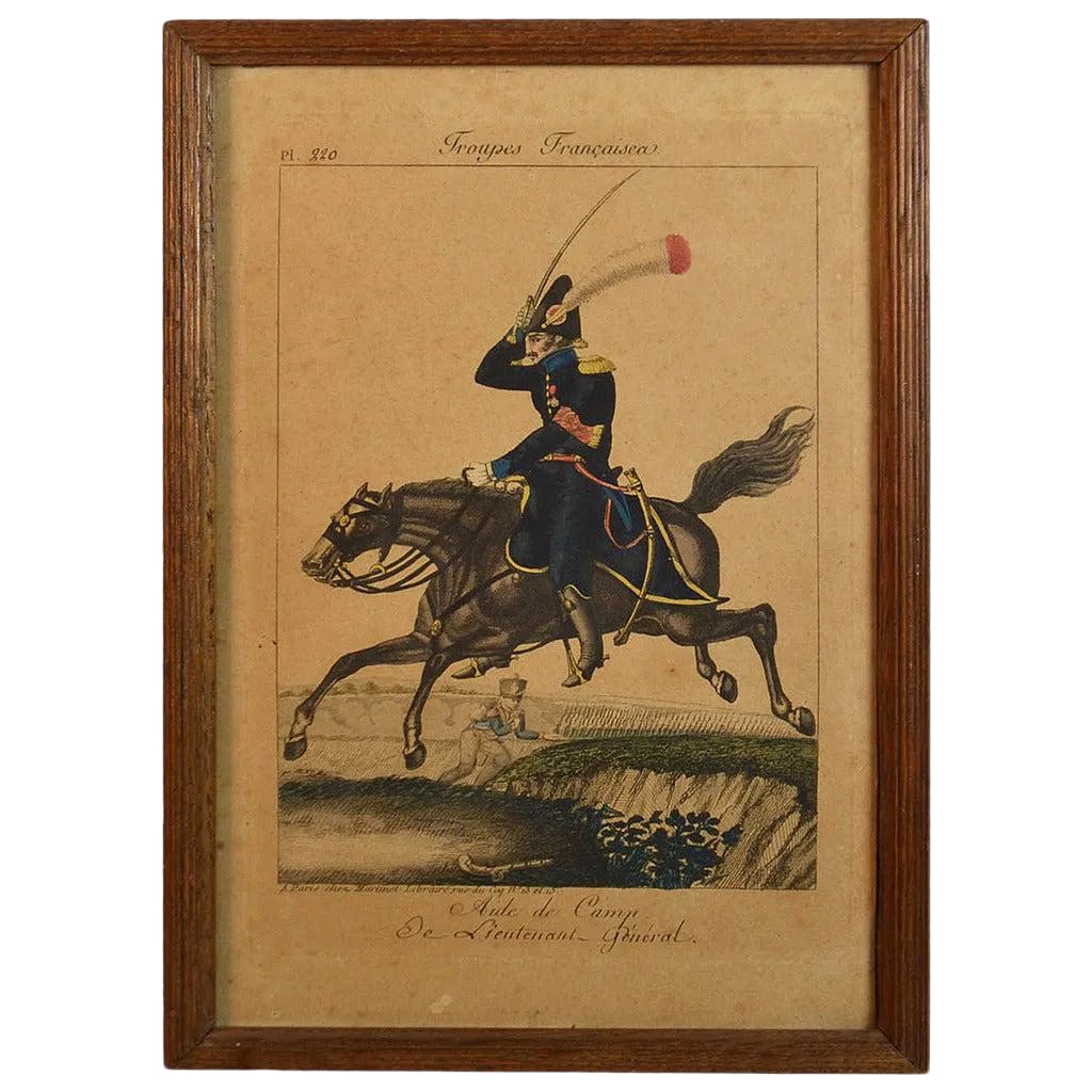 19th Century Framed Empire Period Engraving of French Cavalry: Framed Empire period engraving of French cavalry French troops: Camp help for the Lieutenant General. Bookseller A. Martinet in Paris, and Saluden Brest Galarie. Condition: Alterations: Unknown