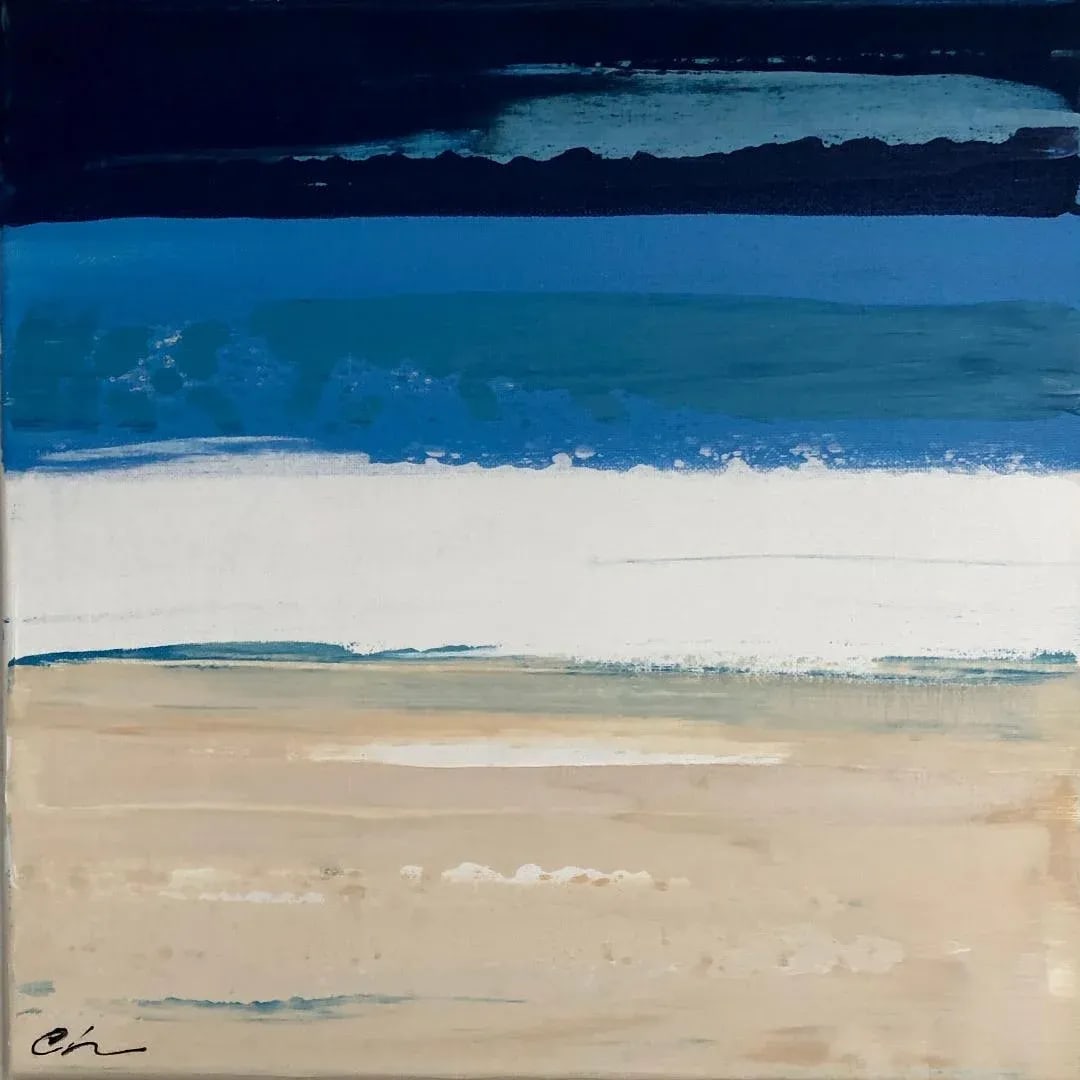 Sand and Sea 5 by Cathe Hendrick: This small acrylic painting on canvas is an abstracted water and beach using a limited color palette. Condition: Imperfections: No Imperfections Condition Notes: new Origin: United States Materials