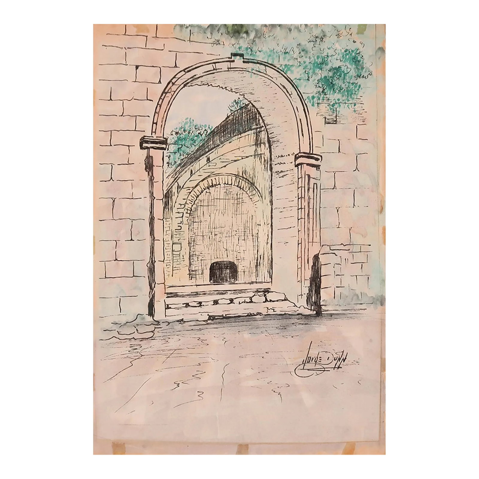 Vintage Signed Architectural Archway Ink and Watercolor Illustration on Paper by Artist Jorge Dunn: Vintage Signed Architectural Archway Ink and Watercolor Illustration on Paper by Artist Jorge Dunn This artwork presents an architectural scene featuring a stone archway. The structure consists of bri