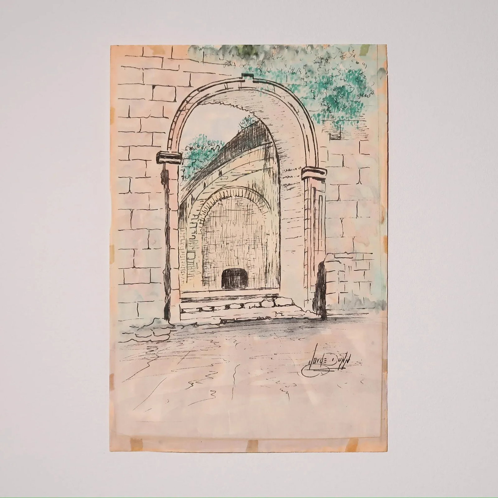 Vintage Signed Architectural Archway Ink and Watercolor Illustration on Paper by Artist Jorge Dunn - 2