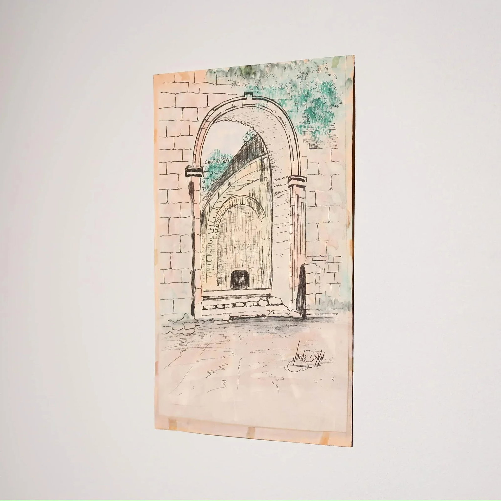 Vintage Signed Architectural Archway Ink and Watercolor Illustration on Paper by Artist Jorge Dunn - 3