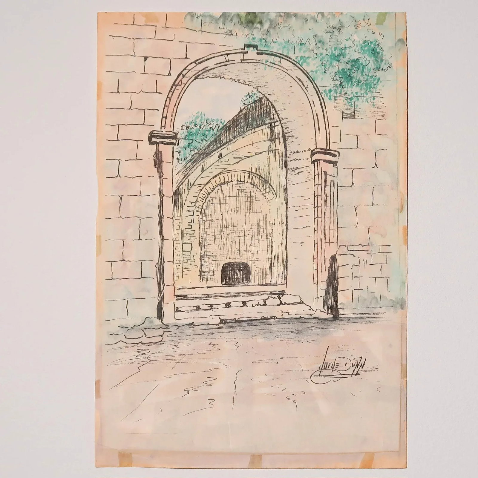 Vintage Signed Architectural Archway Ink and Watercolor Illustration on Paper by Artist Jorge Dunn - 4