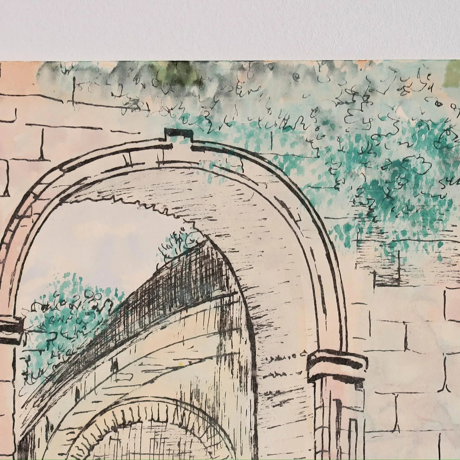 Vintage Signed Architectural Archway Ink and Watercolor Illustration on Paper by Artist Jorge Dunn - 5