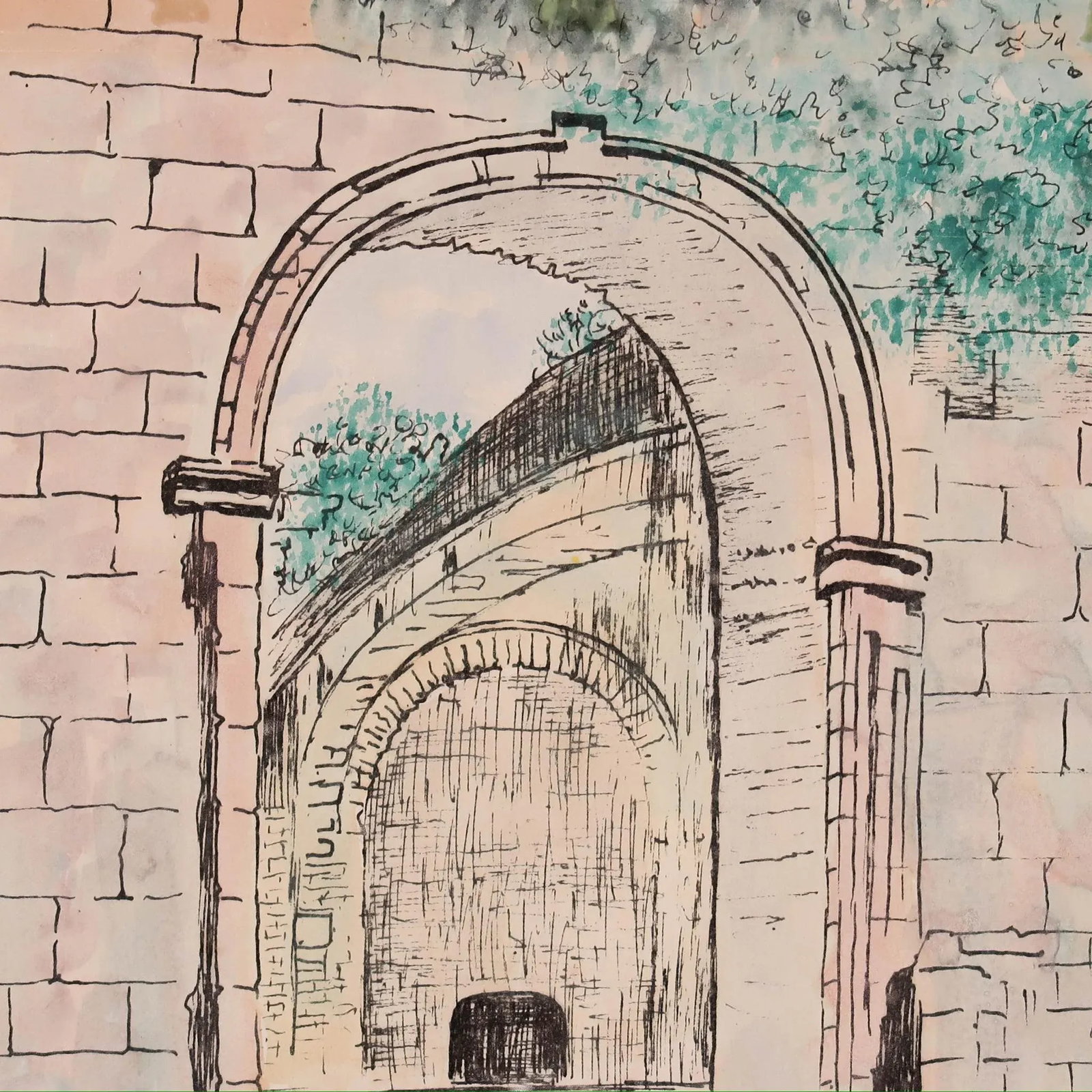 Vintage Signed Architectural Archway Ink and Watercolor Illustration on Paper by Artist Jorge Dunn - 7