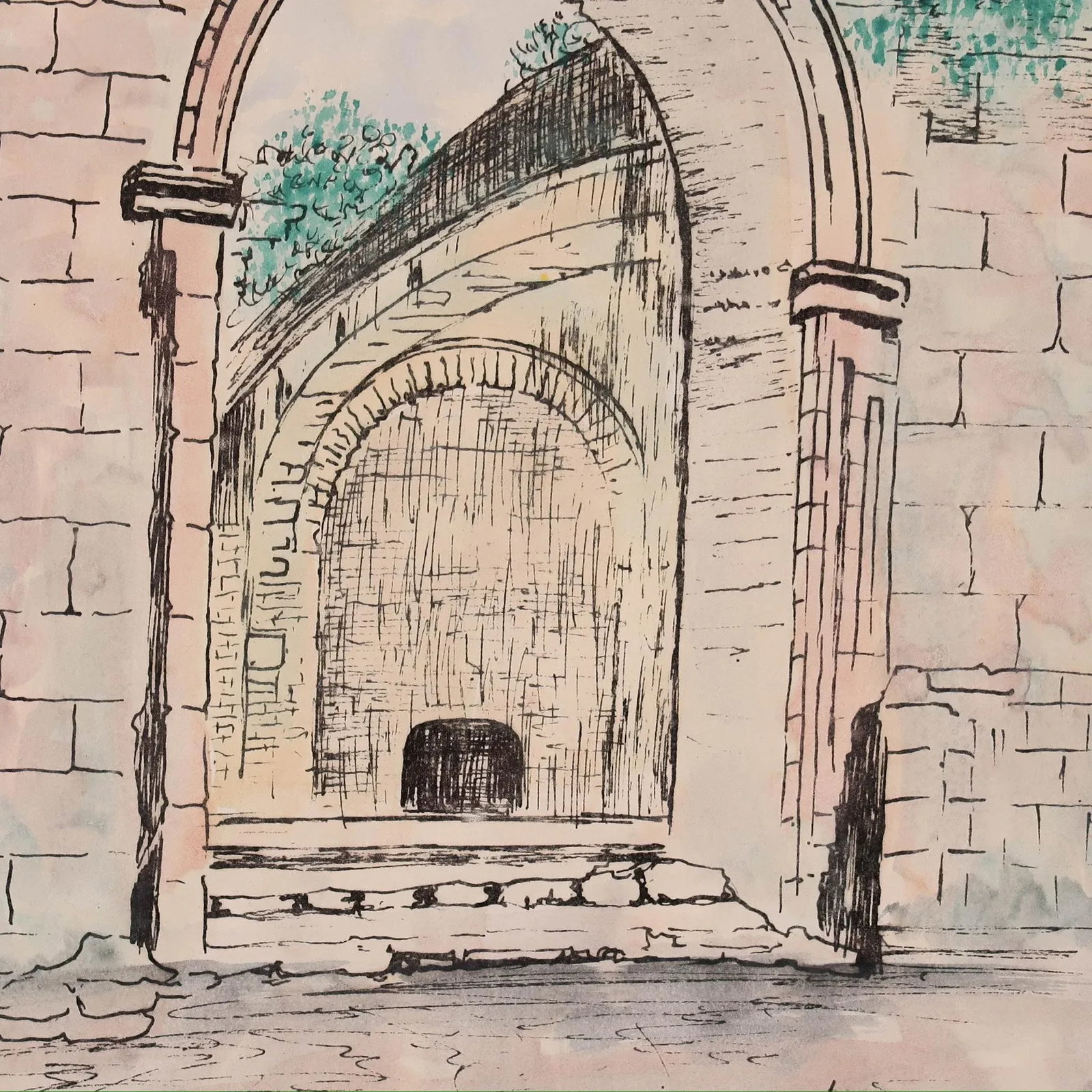 Vintage Signed Architectural Archway Ink and Watercolor Illustration on Paper by Artist Jorge Dunn - 8