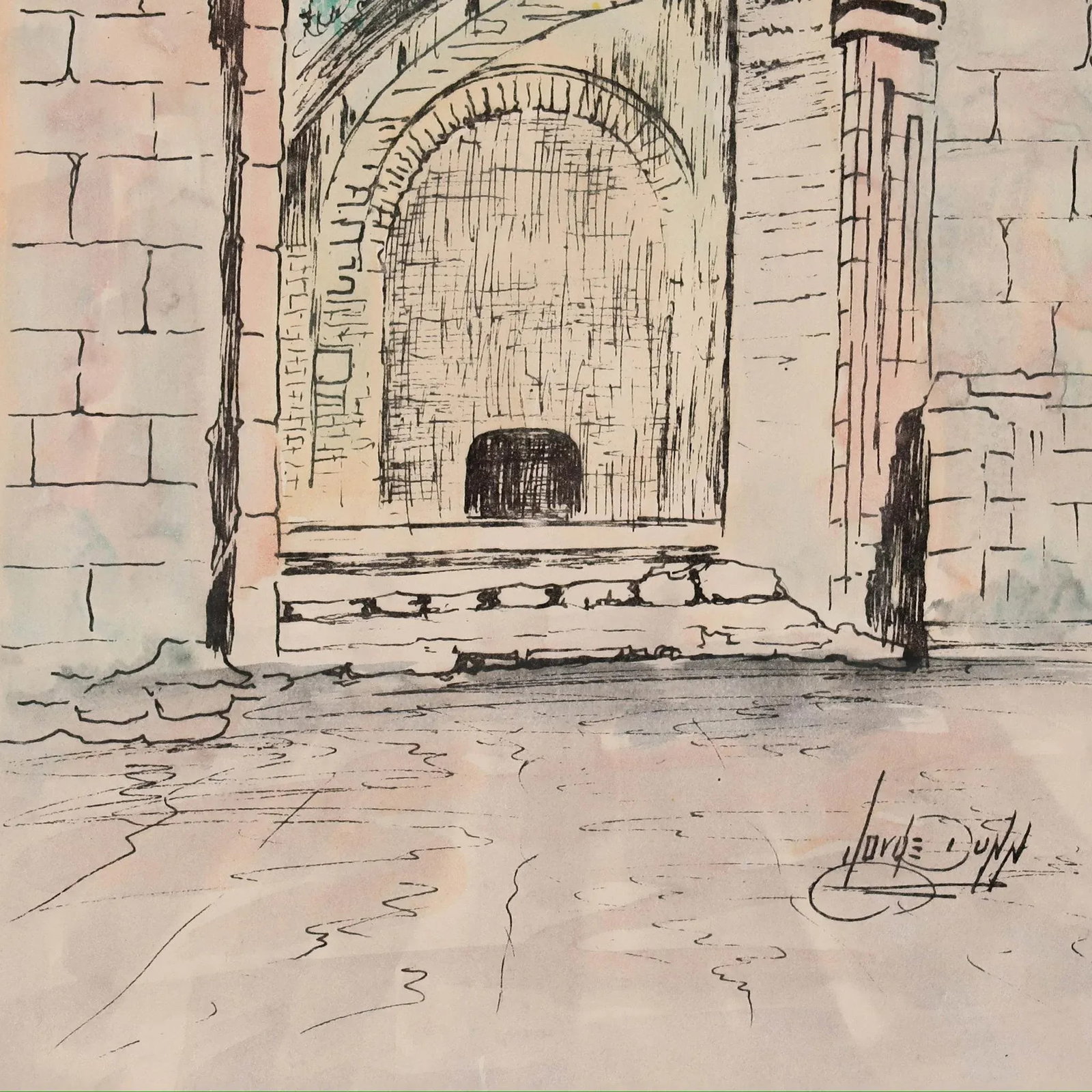 Vintage Signed Architectural Archway Ink and Watercolor Illustration on Paper by Artist Jorge Dunn - 9
