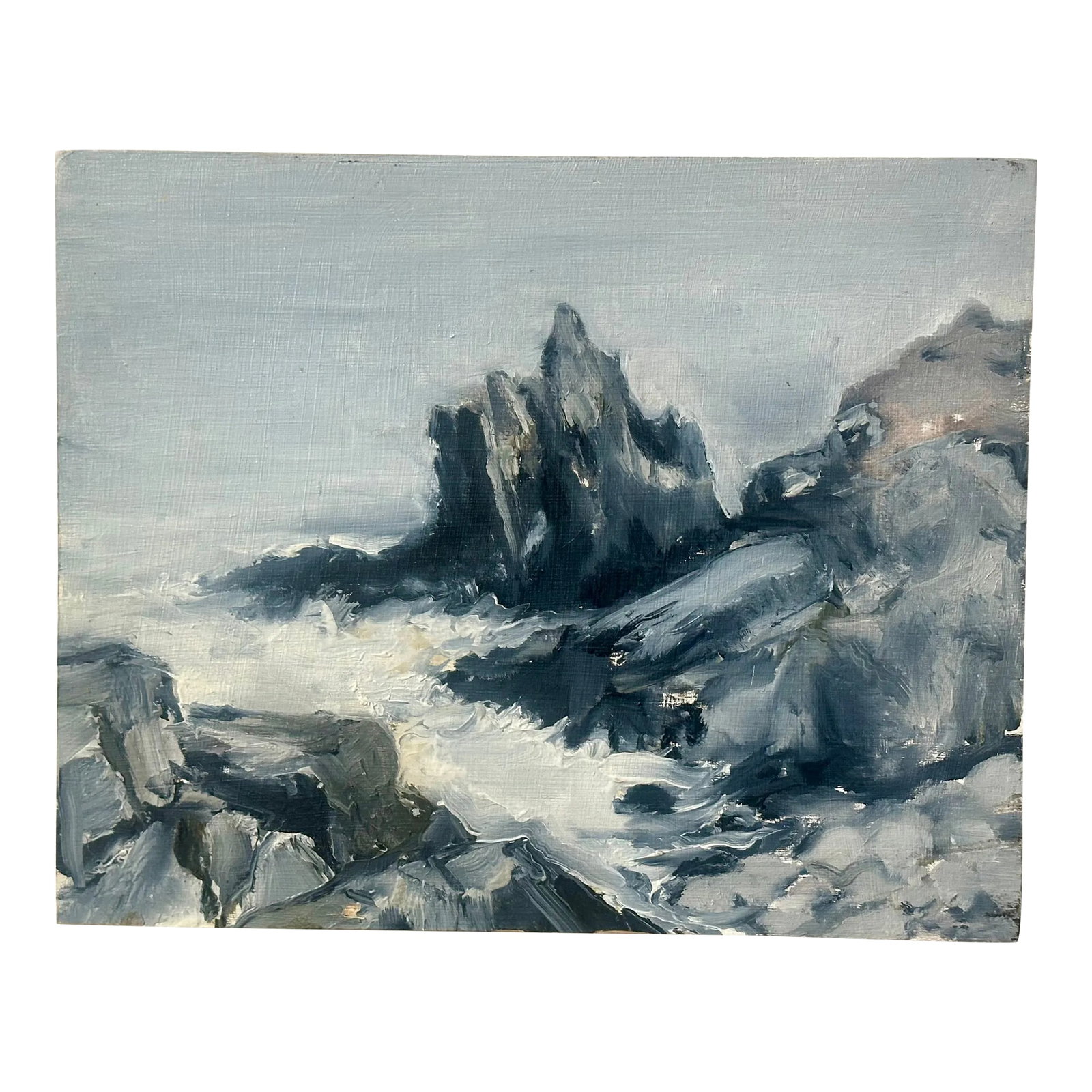 Coastline Seascape Painting Signed 2013 American Art: "Grey coastline" painting on board, sea embraces the winding cliffs, enveloping the surroundings in silver light. The sea shimmers with a mysterious gleam, the cliffs rise above the water, preserving