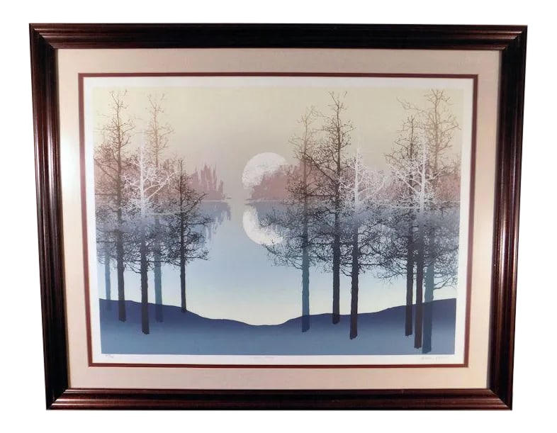 James Hagen 'Silver Oaks' Signed #'D Serigraph Framed Print: Listing is for the shown framed print by James Hagen, signed by the artist in the lower right. Dramatic modernist landscape with a moon rising over a lake. Also hand titled & numbered lower left,