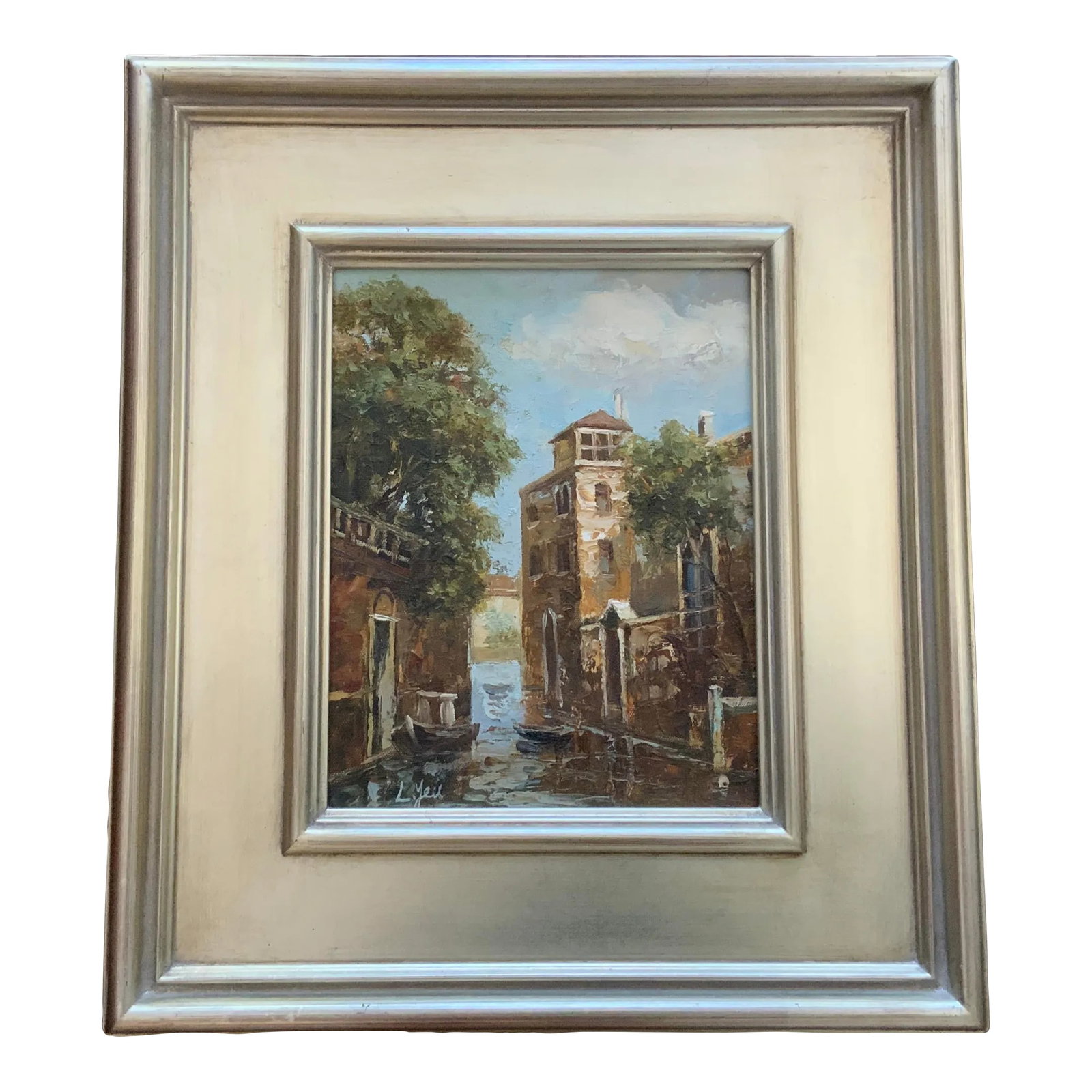Signed Vintage Oil on Canvas Painting of Venice Canal in Pretty Silver Frame.: Isn't this so lovely? Gorgeous shades of greens and blues. A beautiful oil on canvas of Venice canal. A beautiful addition to any room in your home. Looks great with a picture light. Condition: