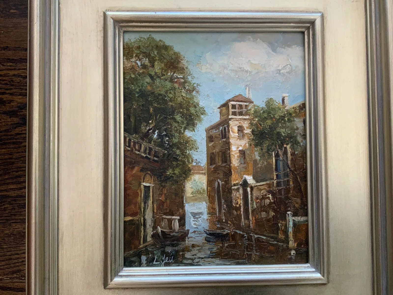 Signed Vintage Oil on Canvas Painting of Venice Canal in Pretty Silver Frame. - 2