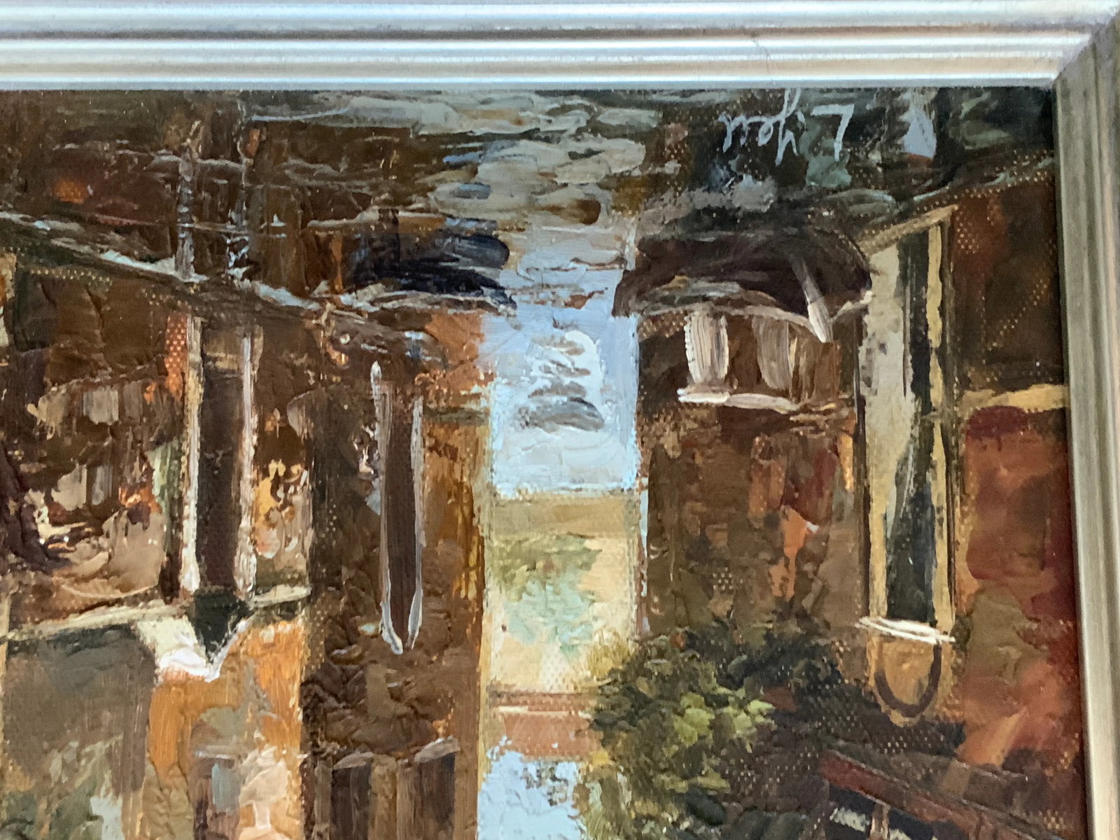 Signed Vintage Oil on Canvas Painting of Venice Canal in Pretty Silver Frame. - 4