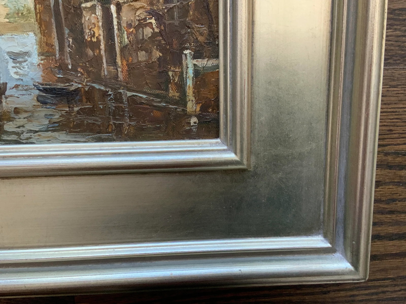 Signed Vintage Oil on Canvas Painting of Venice Canal in Pretty Silver Frame. - 5