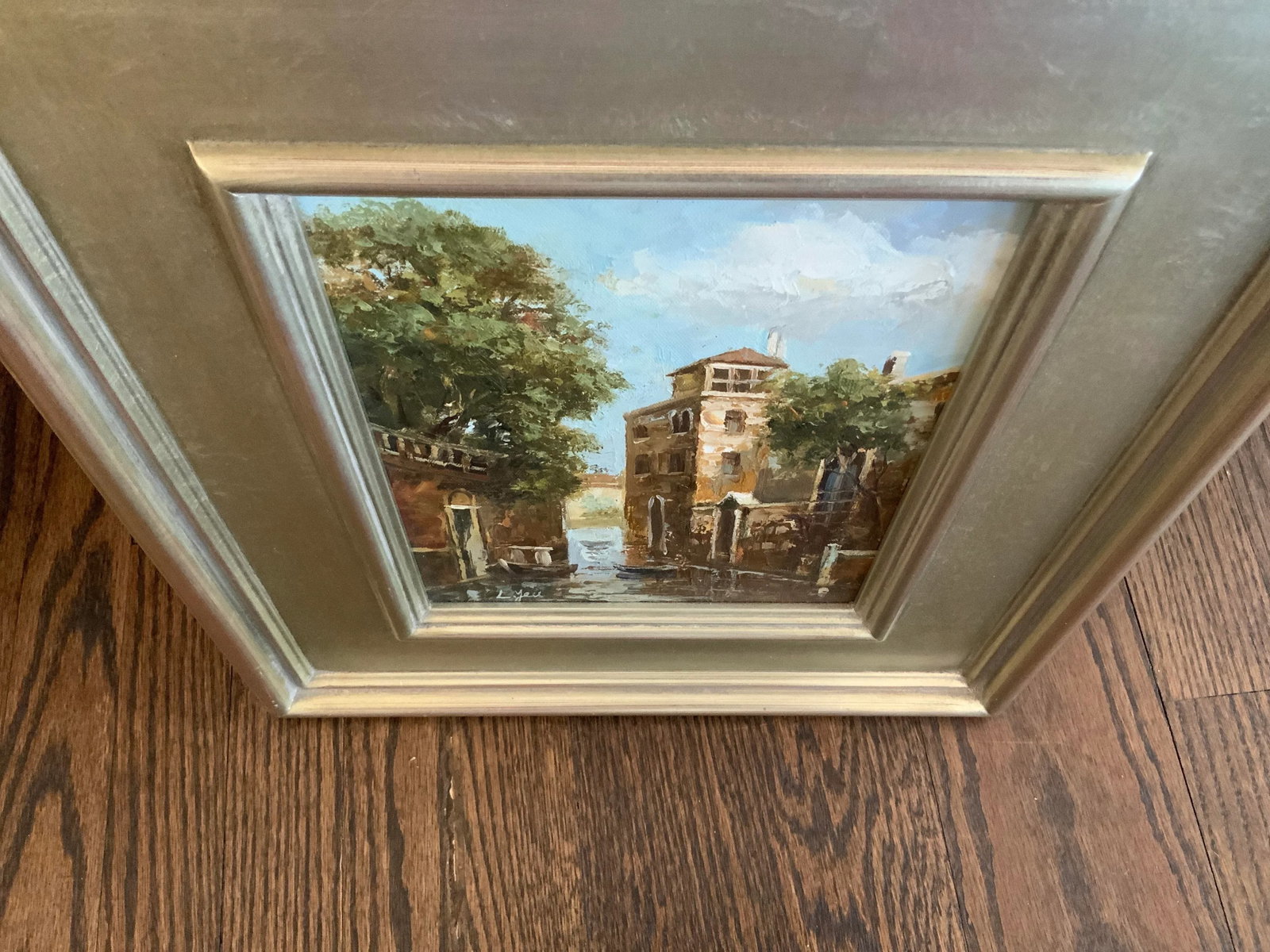 Signed Vintage Oil on Canvas Painting of Venice Canal in Pretty Silver Frame. - 9