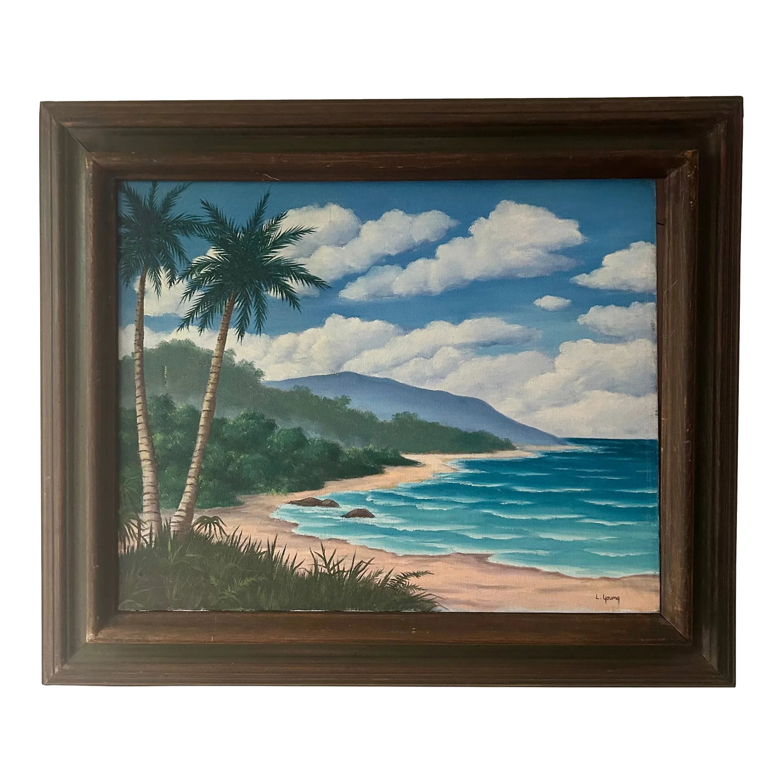 1981 Original Oil on Canvas La Isla Bonita, SIgned by Artist: "Tropical the island breeze, all of nature wild and free, this is where I long to be, la isla bonita"- Madonna, La Isla Bonita This original oil painting of a quiet tropical beach is so rich in detail