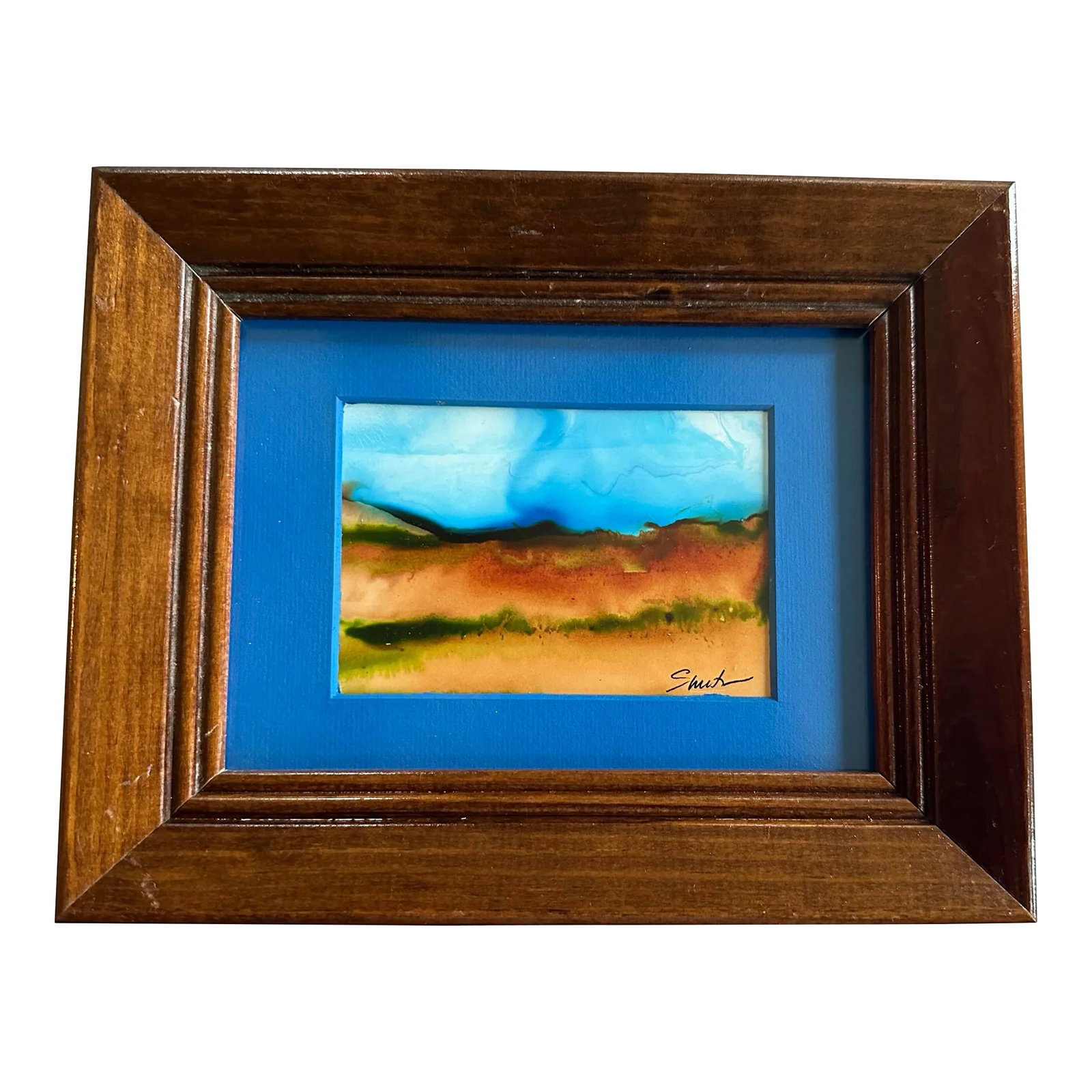 Framed Signed Original Watercolor Painting: Abstract Landscape on Yupo paper. In blue mat and vintage frame. Condition: Imperfections: No Imperfections Condition Notes: New art in vintage frame Origin: United States Materials & Techniques: