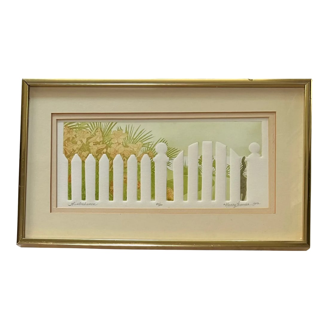 1980's Etching "Winterhaven" With Flowers and Ferns, Signed by Artist and Numbered: This delightful original etching, "Winterhaven", depicts an embossed white picket fence and garden gate with tropical flowers, ferns, and a friendly feline in the background. Signed by artist Nancy
