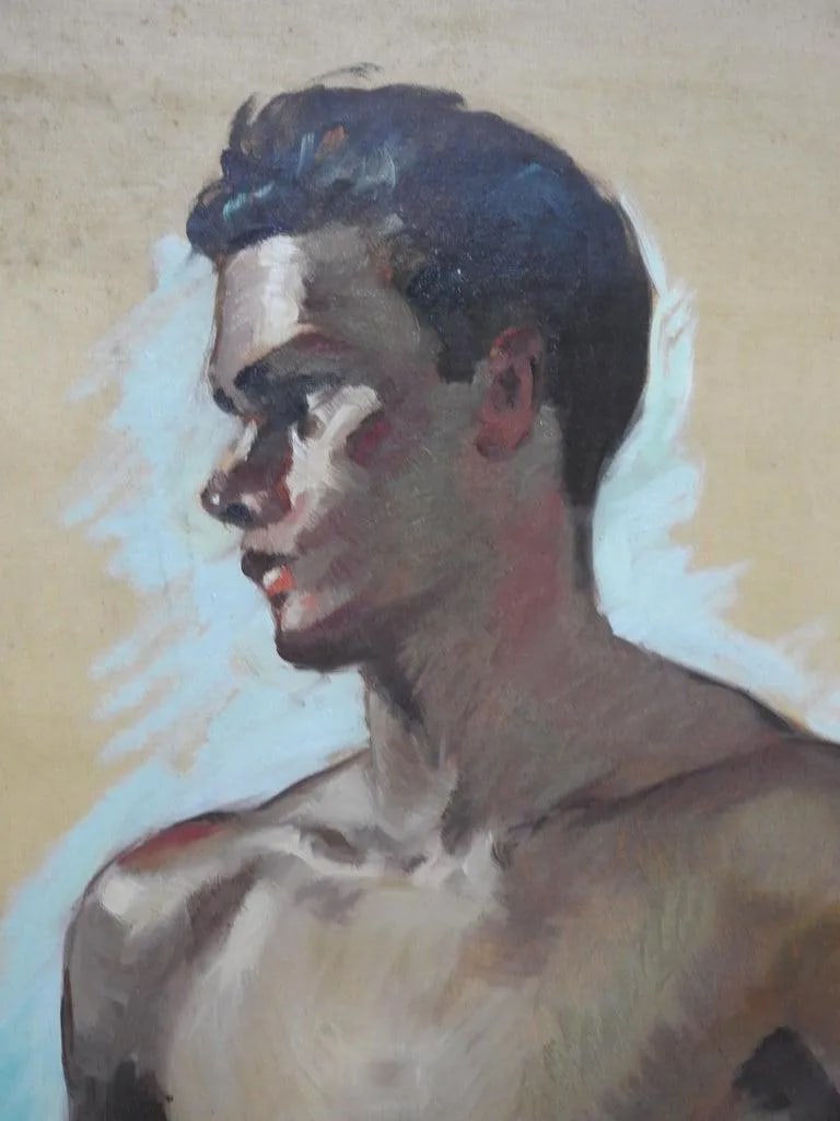 Robert Whitmore Double-Sided Oil Painting Male Against Green Background: Featured is a rare, double-sided oil painting on unstretched canvas titled Male Against Green Background by listed artist Robert Whitmore (American; 1890-1979), dated early-mid 20th century. The