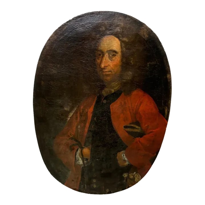 18th Century Oval Portrait: Early 18th century oval portrait painting of a man on an oval board. The condition is very good with no repairs. Condition: Alterations: Original Condition Unaltered Imperfections: Some Imperfections 