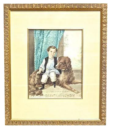 Antique Boy & Dog Portrait Watercolor Painting: Antique; 19th century, Russian, watercolor, portrait of a boy and dog in a vintage mat and frame. Frame has carved gilt acanthus leaf design; antique silk mat with gilt fillet. Unsigned. Condition: